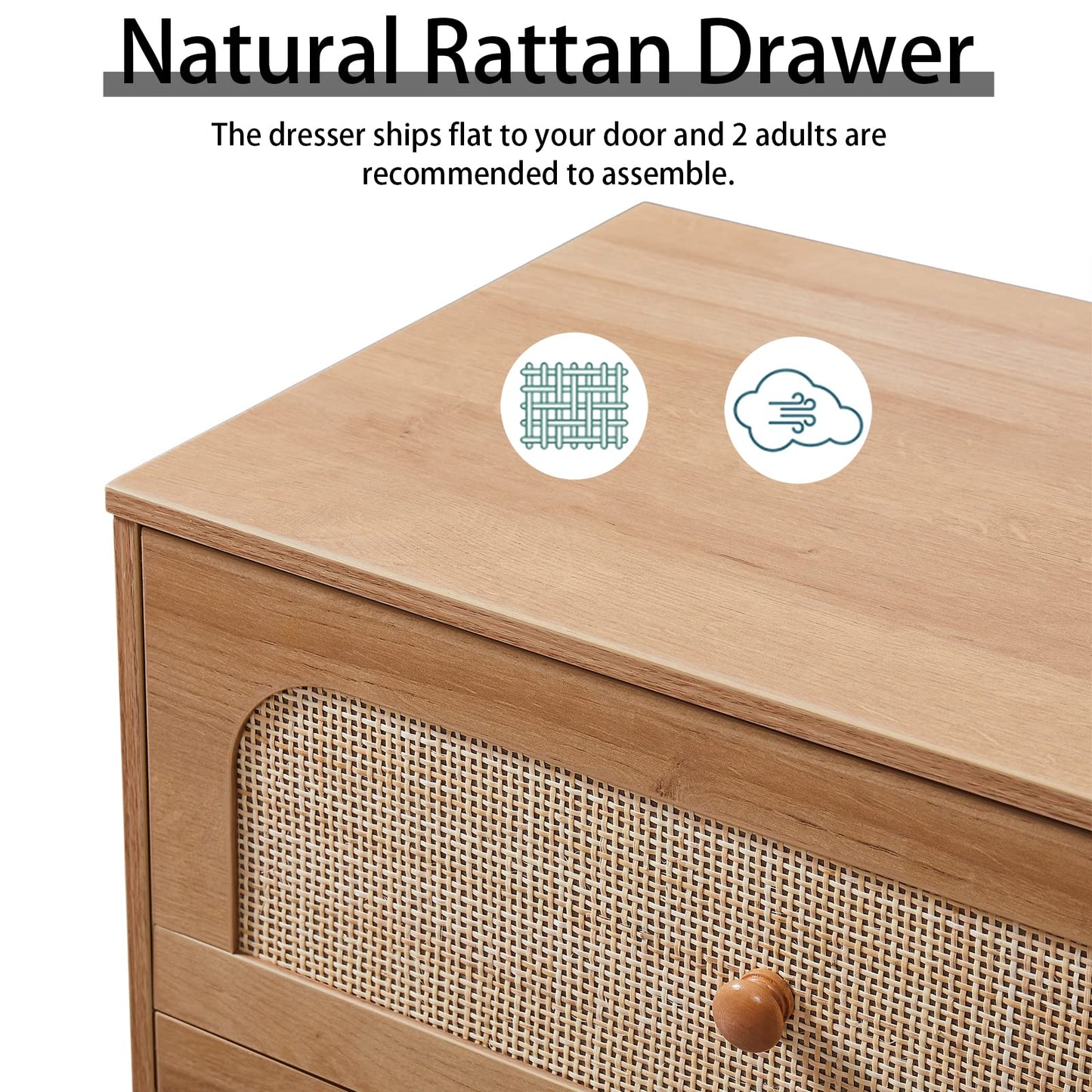 GANLLY 3 Drawer Dresser for Bedroom, Rattan Modern Closet Dressers Chest of Drawers, Wood Oak Storage Chest for Kids Bedroom, Hallway, Living Room
