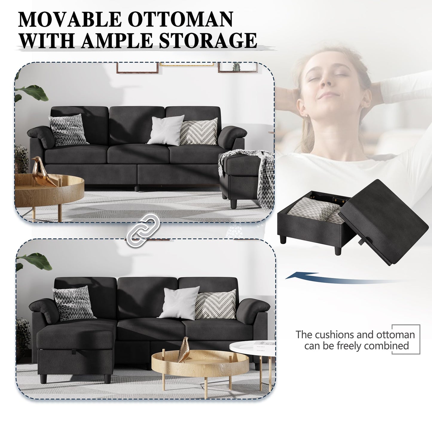 Meilocar Sectional Sofa Couch for Living Room, 79" Sectional Couches with Storage Ottoman, L Shaped Couch with Armrests Side Storage Pockage, 3-Seat Sofa Couches for Apartment, Black