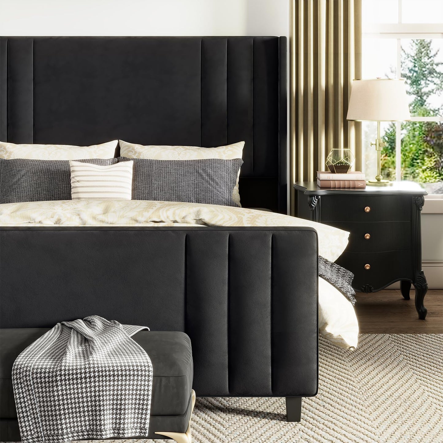 AMERLIFE Queen Size Bed Frame, Velvet Upholstered Platform Bed with Vertical Channel Tufted Headboard & Footboard/Wingback, Mattress Foundation with Wood Slats, No Box Spring Needed, Black