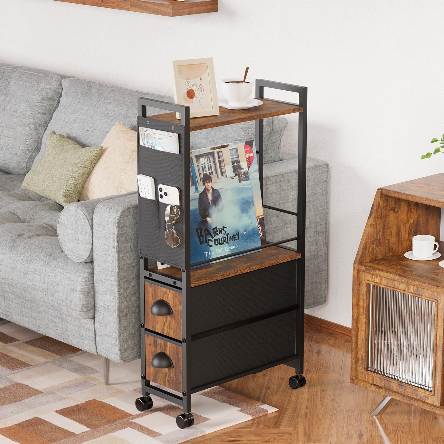 Oppro Small Narrow Side End Table with Drawer for Small Spaces, Slim Nightstand Bedside Sofa Table with Wheels, Space Saving Skinny Thin Couch Coffee Desk with Storage Bag for Bedroom Living Room