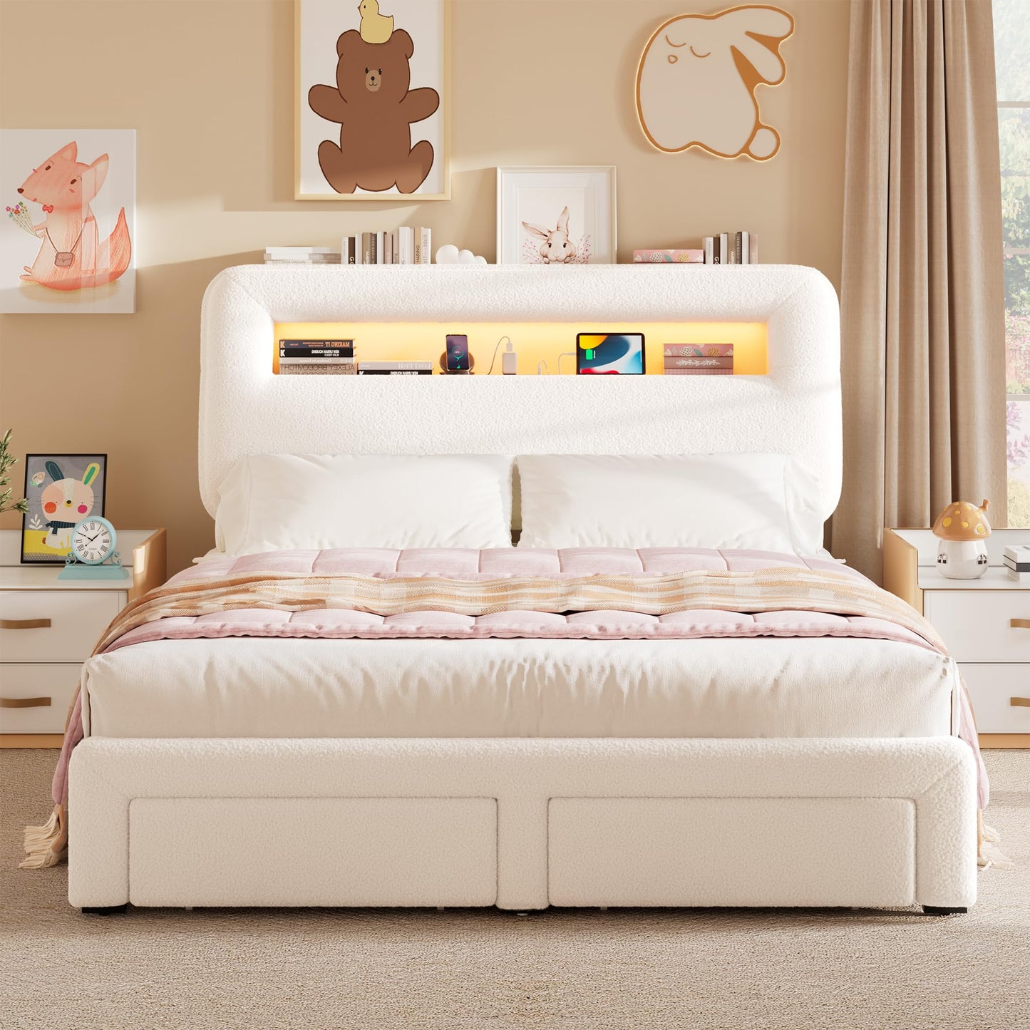 VINTLJUS Full LED Bed Frame with Storage Headboard & Charging Station, Kids Bed Frames with Bookcase, Teddy Fleece Upholstered Platform Bed Frames with 2 Storage Drawers, Noise Freed, Beige