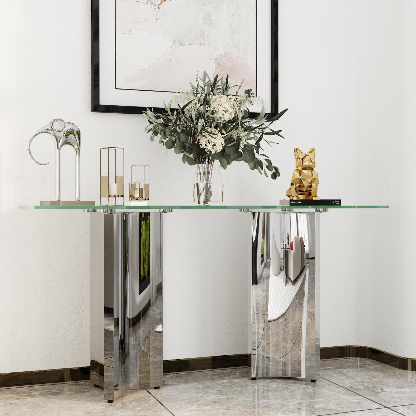 Asday Silver and Glass Console Table, 60 Inch Sofa Table, Silver Rectangle Entryway Table with Polished Mirror Base for Living Room, Hallway
