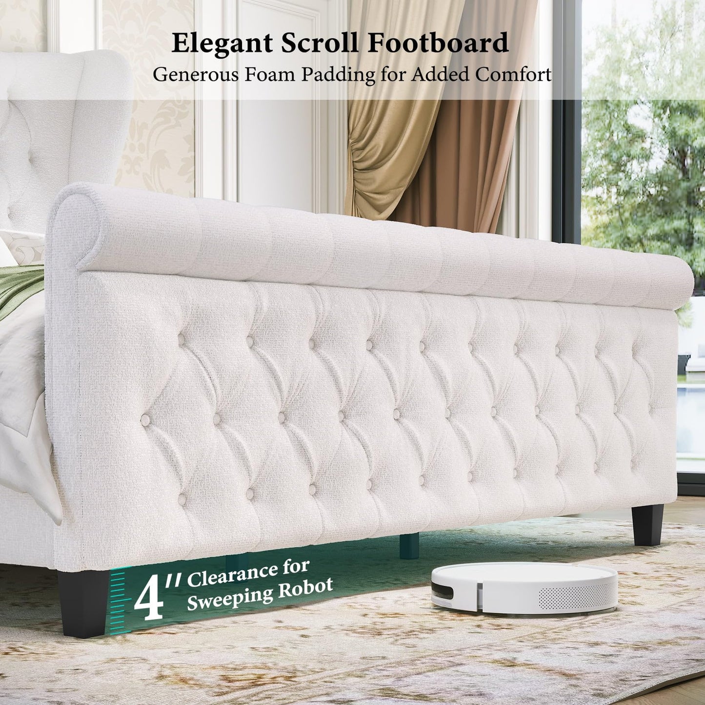 Queen Size Bed Frame Chenille Upholstered Platform Sleigh Bed with 51" Scroll Wingback Tall Headboard & Footboard/Deep Button Tufted/Easily Assemble/Wood Slats Support/No Box Spring Required/Cream