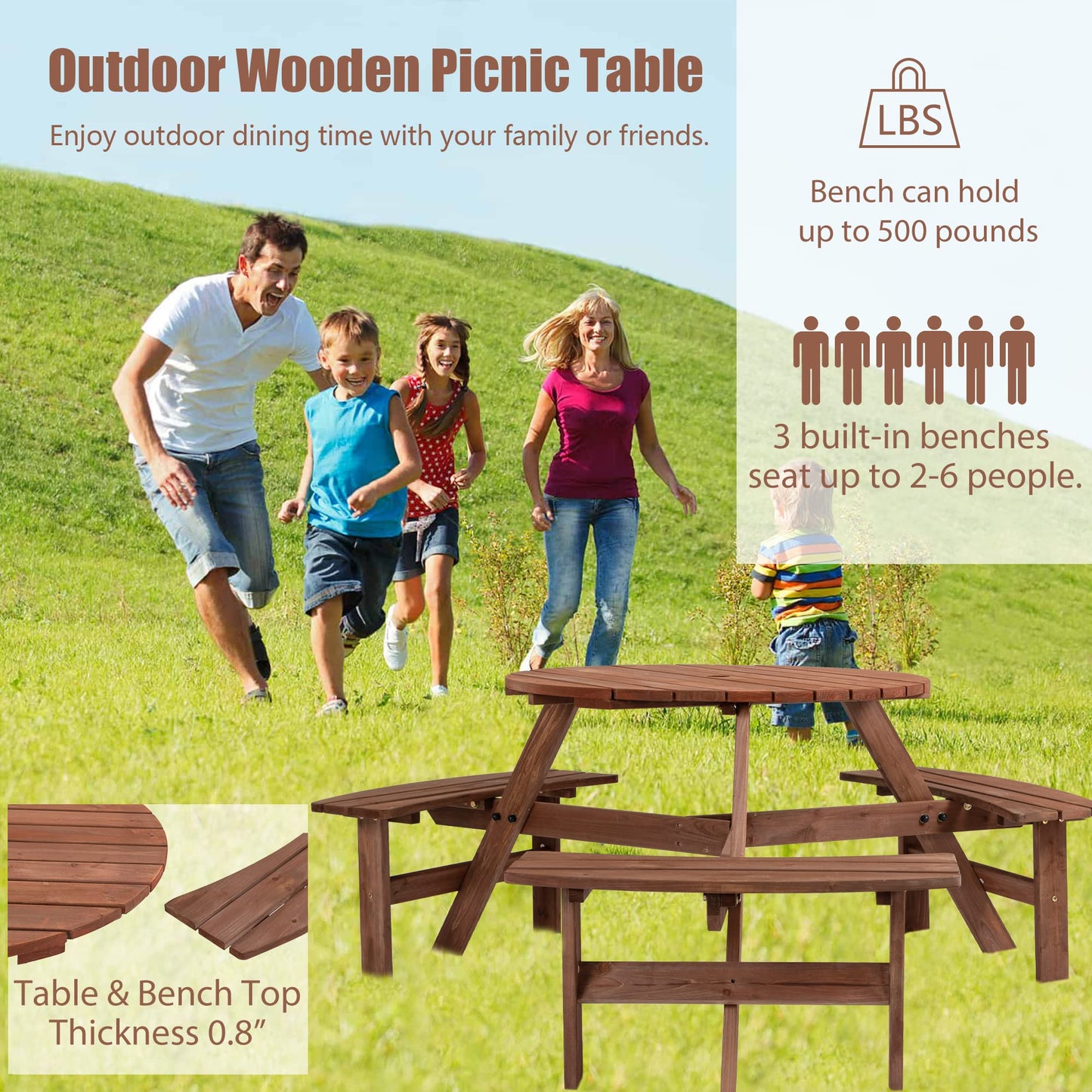 DOPERFE 6-Person Outdoor Round Wooden Picnic Table with 3 Built-in Benches, Outdoor Dining Set with Umbrella Holes, 1720 lb. Weight Capacity for Garden, Lawn, Patio (Brown, 66.92"*66.92"*27.55")