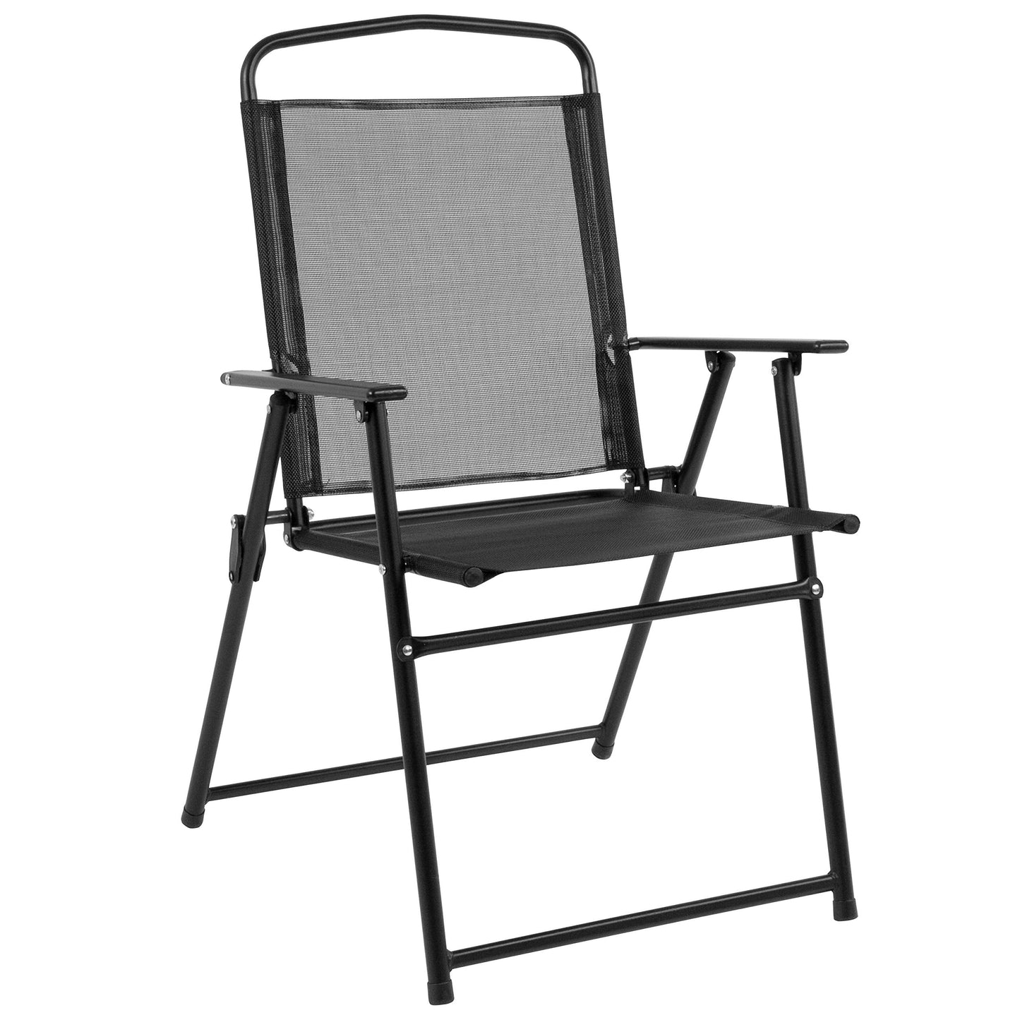 EMMA + OLIVER 6 Piece Black Patio Garden Set with Umbrella Table and Set of 4 Folding Chairs
