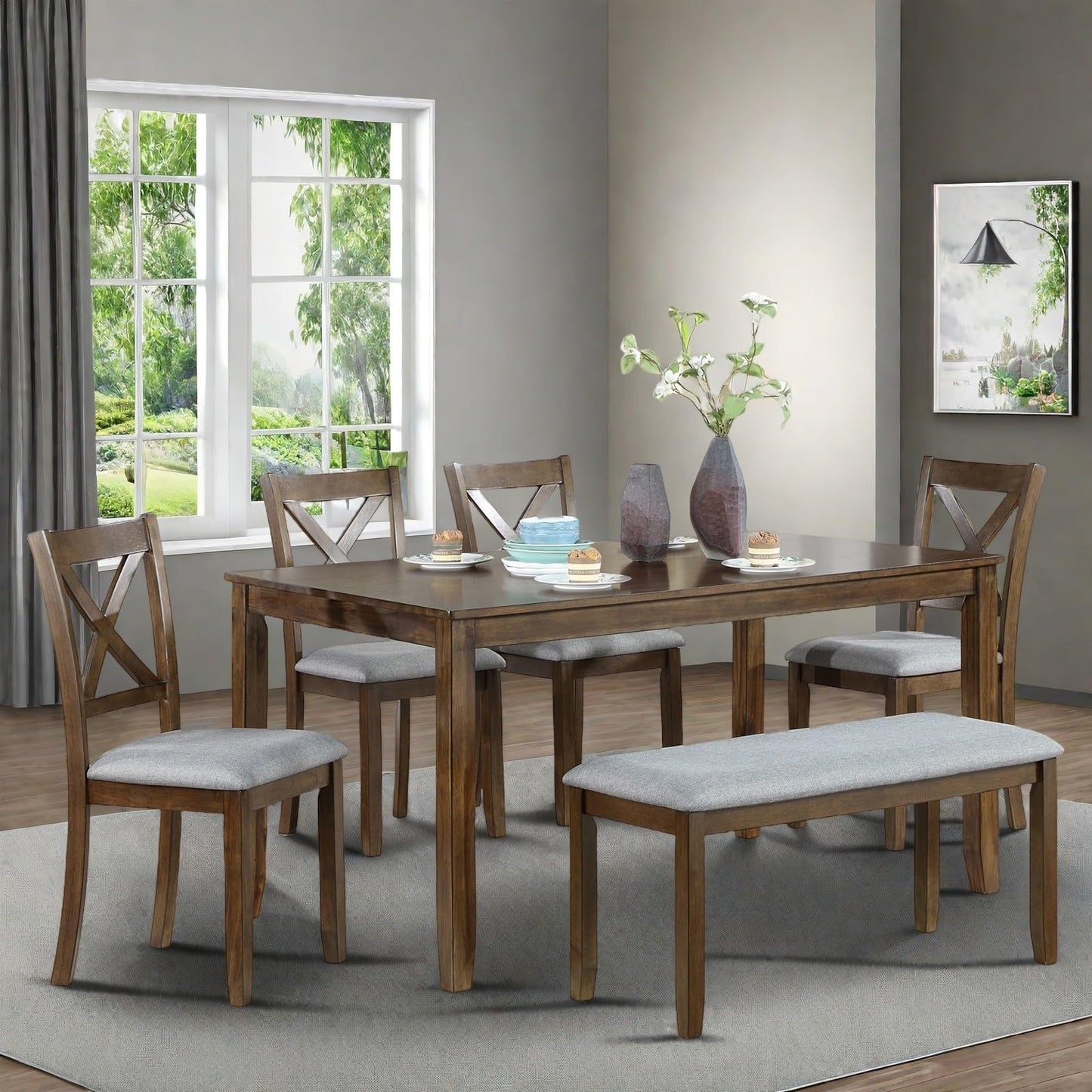 Trygoal 6-Piece Dining Table Set for 4-6 People, Kitchen Set with 4 Upholstered Chairs and One Bench, Living Room Chairs with X-Shape Backrest, Rectangular Wooden Table for Home Bar, Walnut