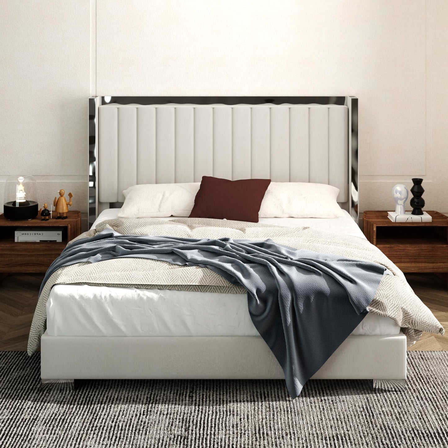Konprosp Queen Size Bed Frame Velvet Upholstered Platform Bed with 58" Tall Headboard, Channel Tufted Wingback and Plating Trim, Solid Wooden Slats Support, No Box Spring Needed, Beige