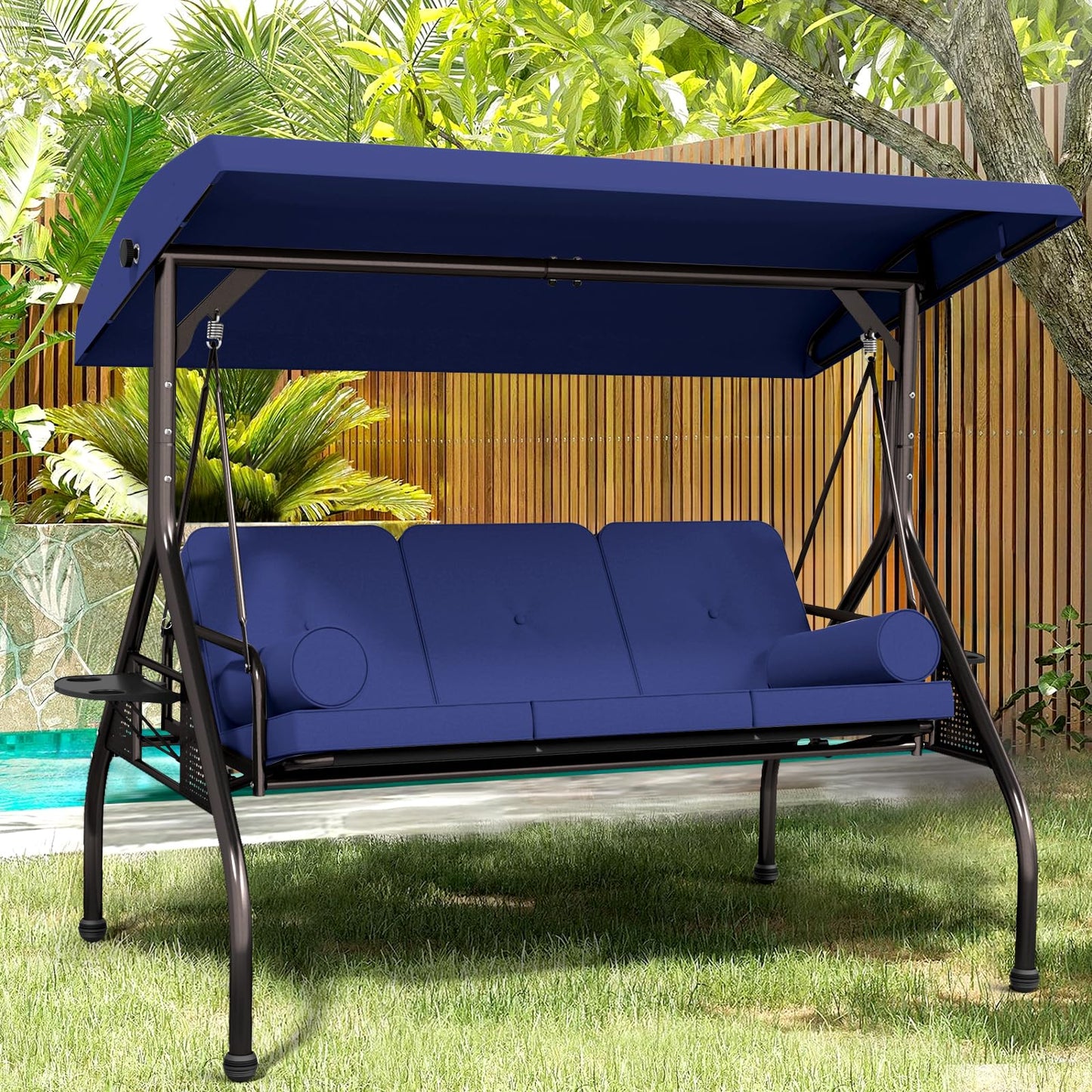 Betterland 3-Seat Patio Swing Chair, Outdoor Porch Swing with Cushions,Pillows & Cup Holders, Adjustable Canopy Outside Bench Swing for Porch，Backyard,Garden(Blue)