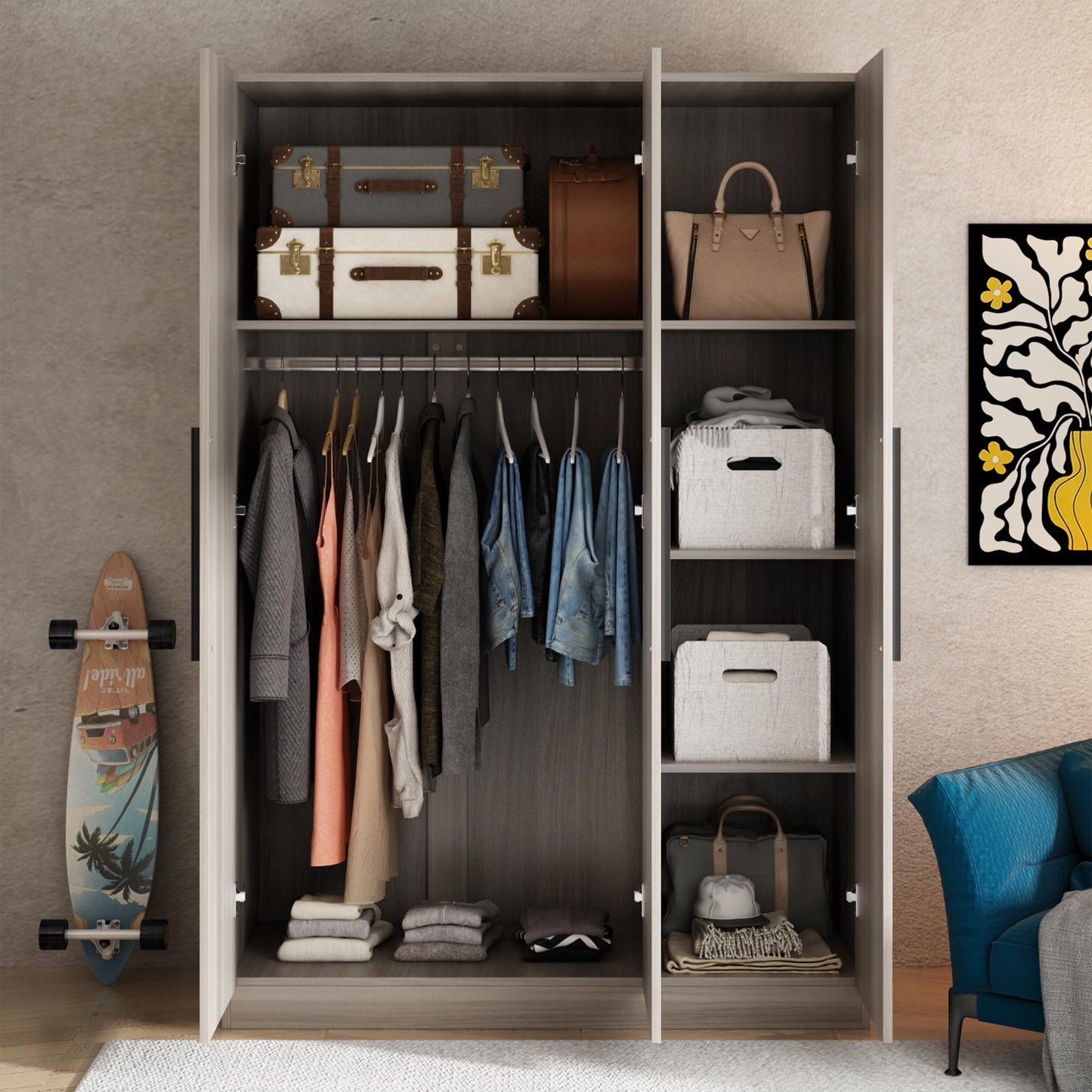 Hitow Large Wardrobe Armoire Closet with 3 Doors, Freestanding Wardrobe Cabinet for Hanging Clothes, Bedroom Armoire Dresser Wardrobe Clothes Organizer, 3-Door Brown (47.2" W x 18.9" D x 70" H)