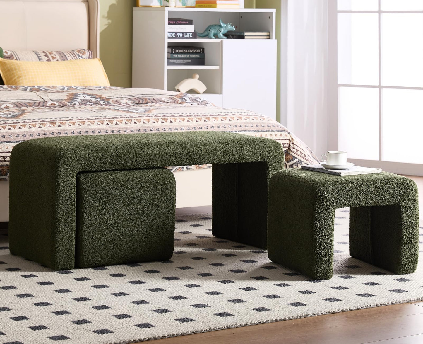 Shunzhi Modern Green Boucle Entryway Bench Set of 3 Nesting Upholstered Sherpa End of Bed Bench Rectangular Vanity Ottoman Bench with 2 Small Footrest Stool for Living Room/Bedroom/Hallway