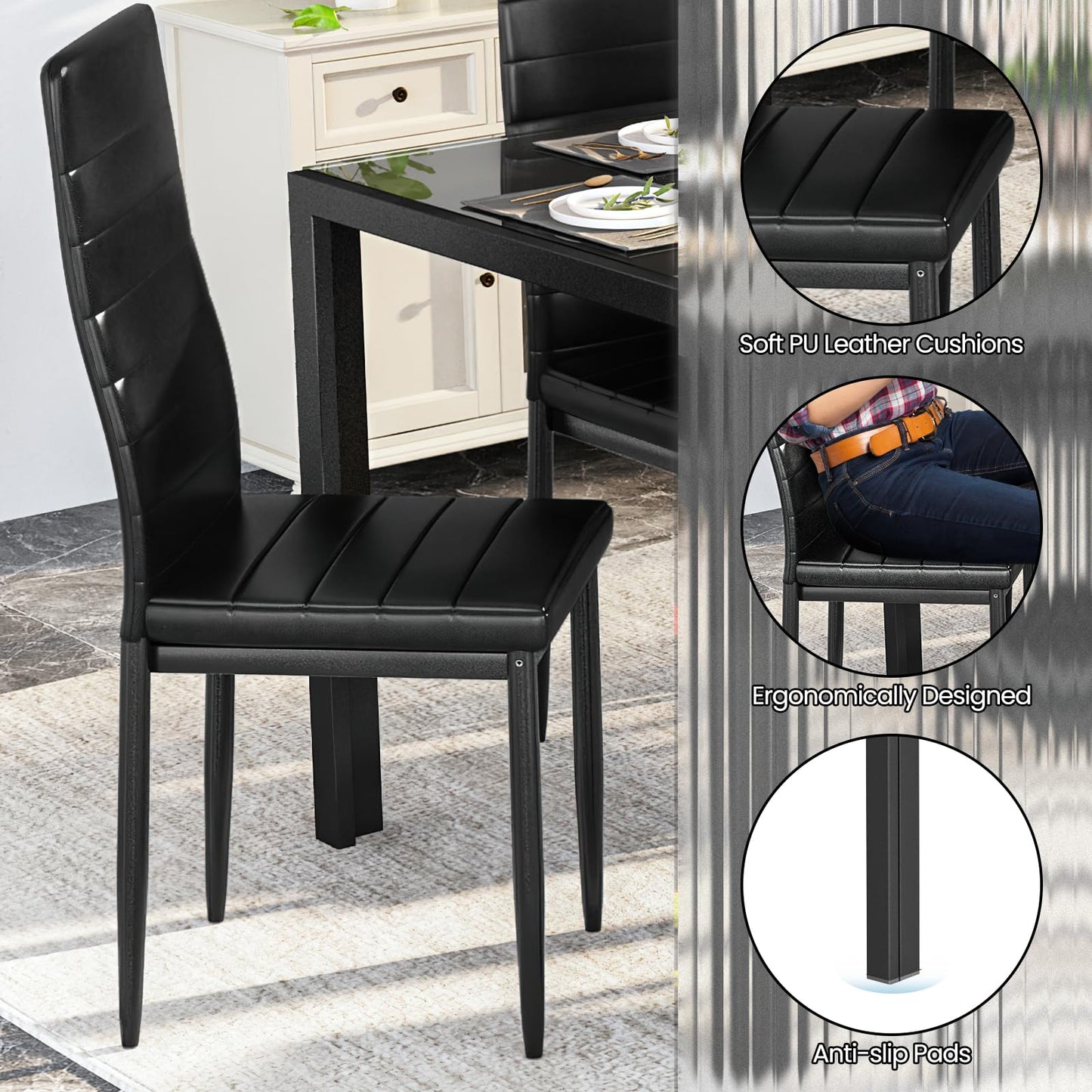 DKLGG 7-Piece Dining Table Set for 6, Tempered Glass Kitchen Table with PU Leather Chairs, Modern Dining Room Table Set for Small Space, Dinette, Apartment, Black