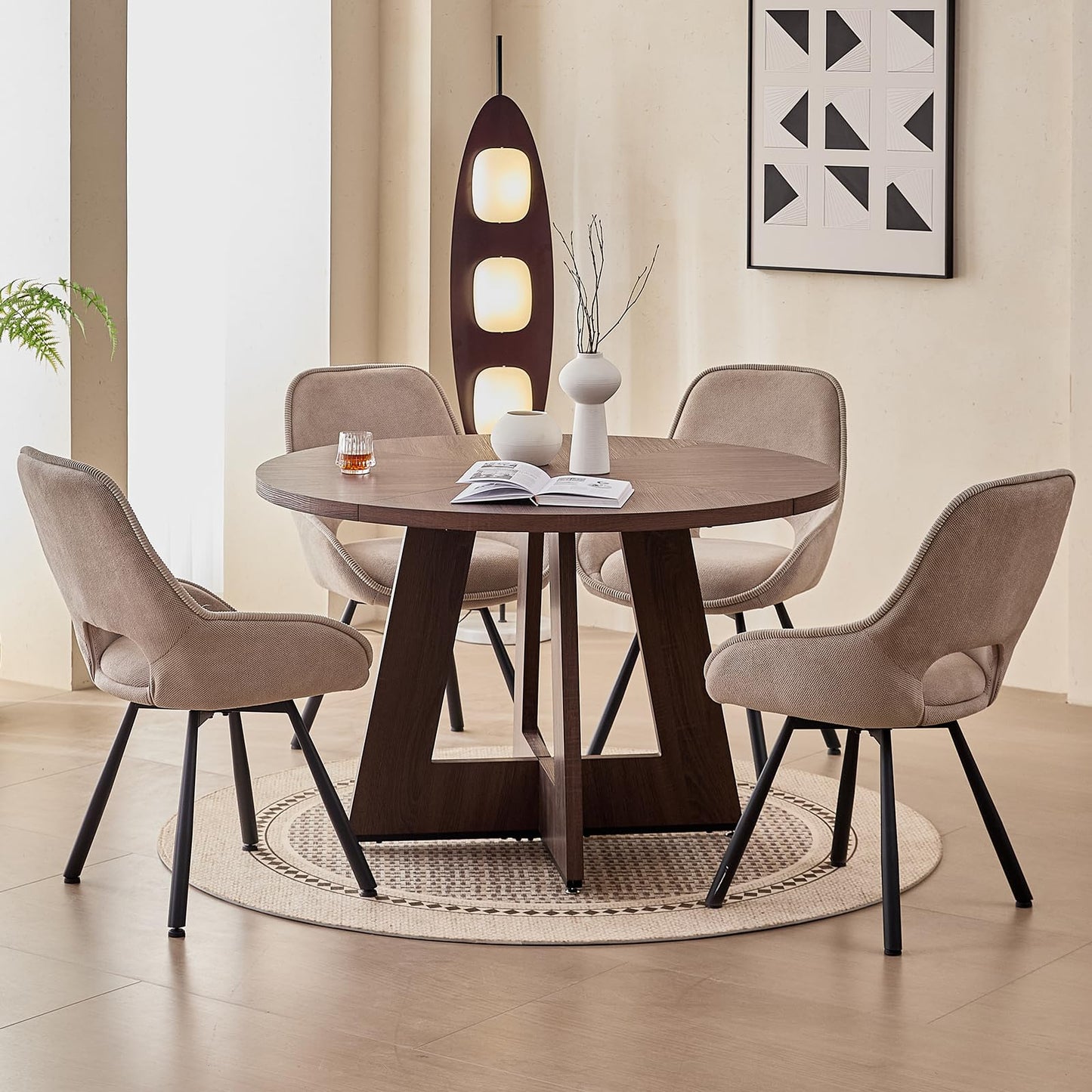 Lecafur HL 47" Round Dining Room Table Set for 4, [Fanned Base] [1.38" Thick Top] Wood Kitchen Table with 4 Swivel Dining Chairs