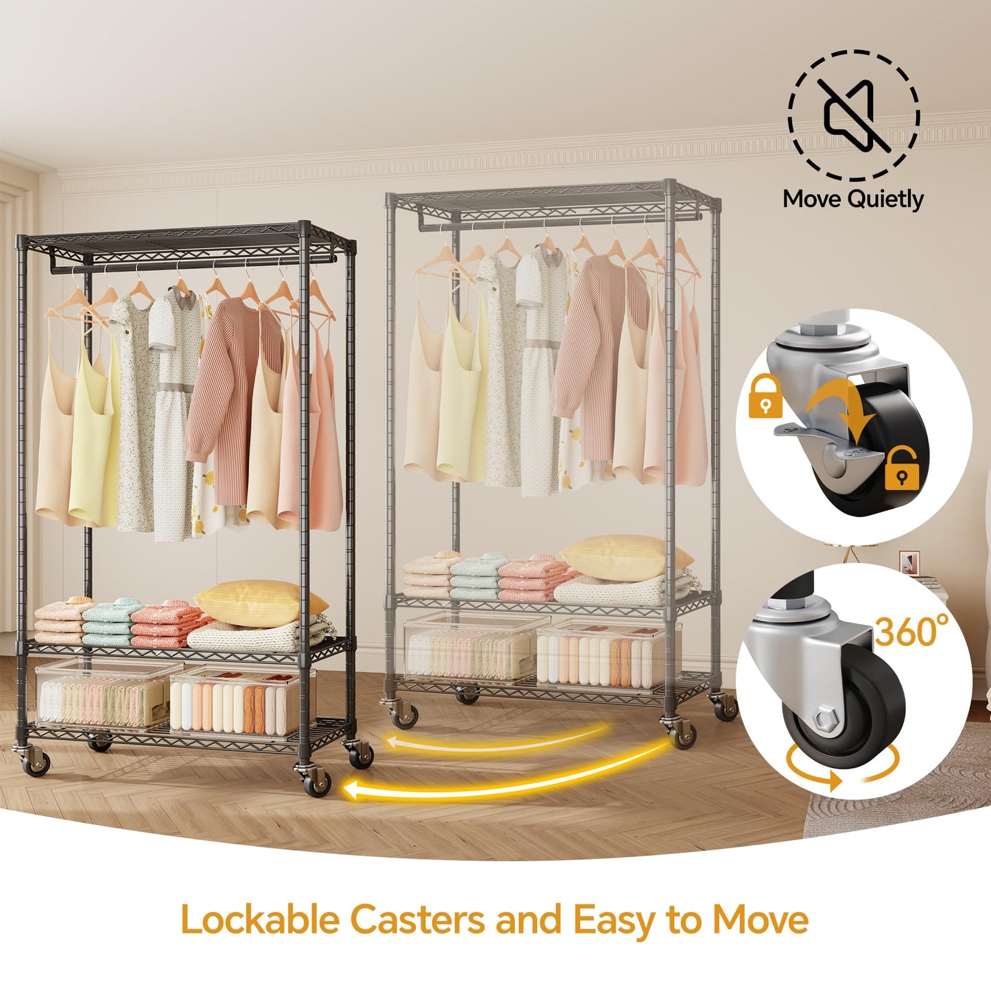 Higeego H4 Heavy Duty Clothes Rack with Cover, Rolling Garment Rack, Wardrobe with Cover and Wheels, Closet Organizer Shelf, Portable Closet Organizer and Storage, Black Clothing Rack with Grey Cover