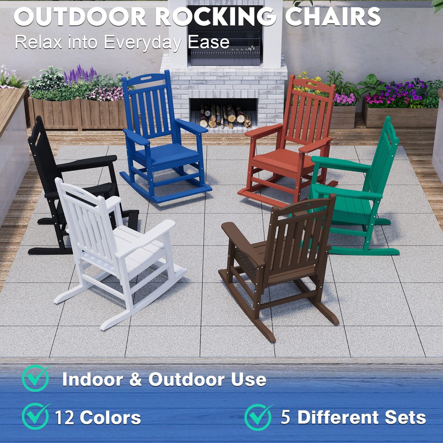 PLUUV Outdoor Rocking Chair, HDPE Patio Rocking Chairs with Footboard, All Weather Porch Rockers Outdoor for Adult, Effortless Installation, White