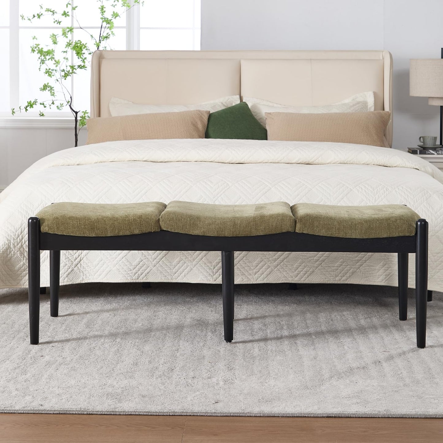 DUOMAY 55'' Modern Ottoman Bench, Chenille Upholstered Entryway Bench Bedroom Bench with Wood Legs, End of Bed Bench for Bedroom, Living Room, Corners, Kitchen, Green