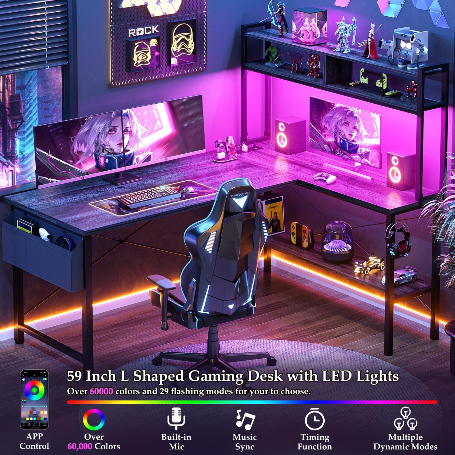 Aheaplus L Shaped Desk Gaming Desk, 59" L Shaped Computer Desk with LED Light & Power Outlet, Reversible Home Office Desk Gamer Desks with Shelves & Storage Bag & Hooks, Corner PC Desk, Black Oak