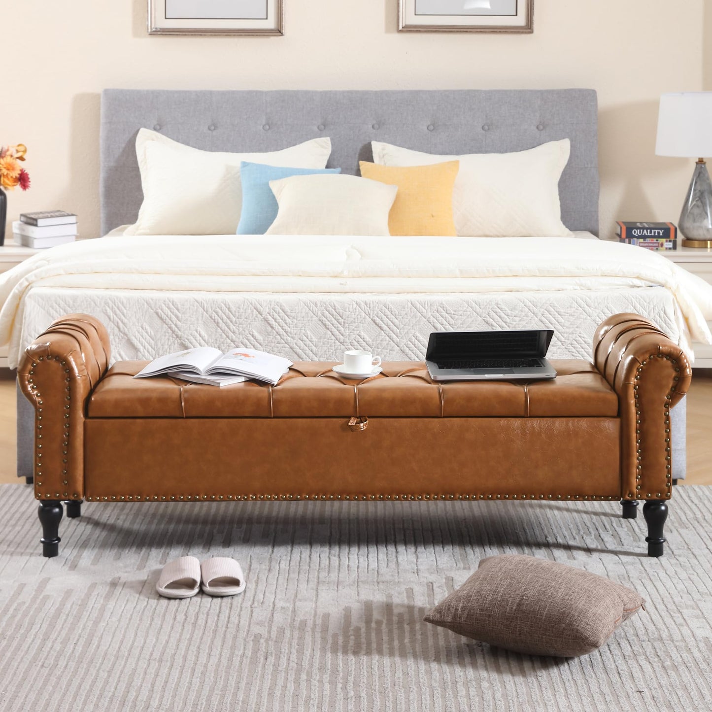 HOMYKA Faux Leather Storage Bench for Bed Room 67 Inch Upholstered Tufted Ottoman Bench with Arms King Size Large Storage Space End of Bed Benches for Bedroom Living Room Entryway Brown
