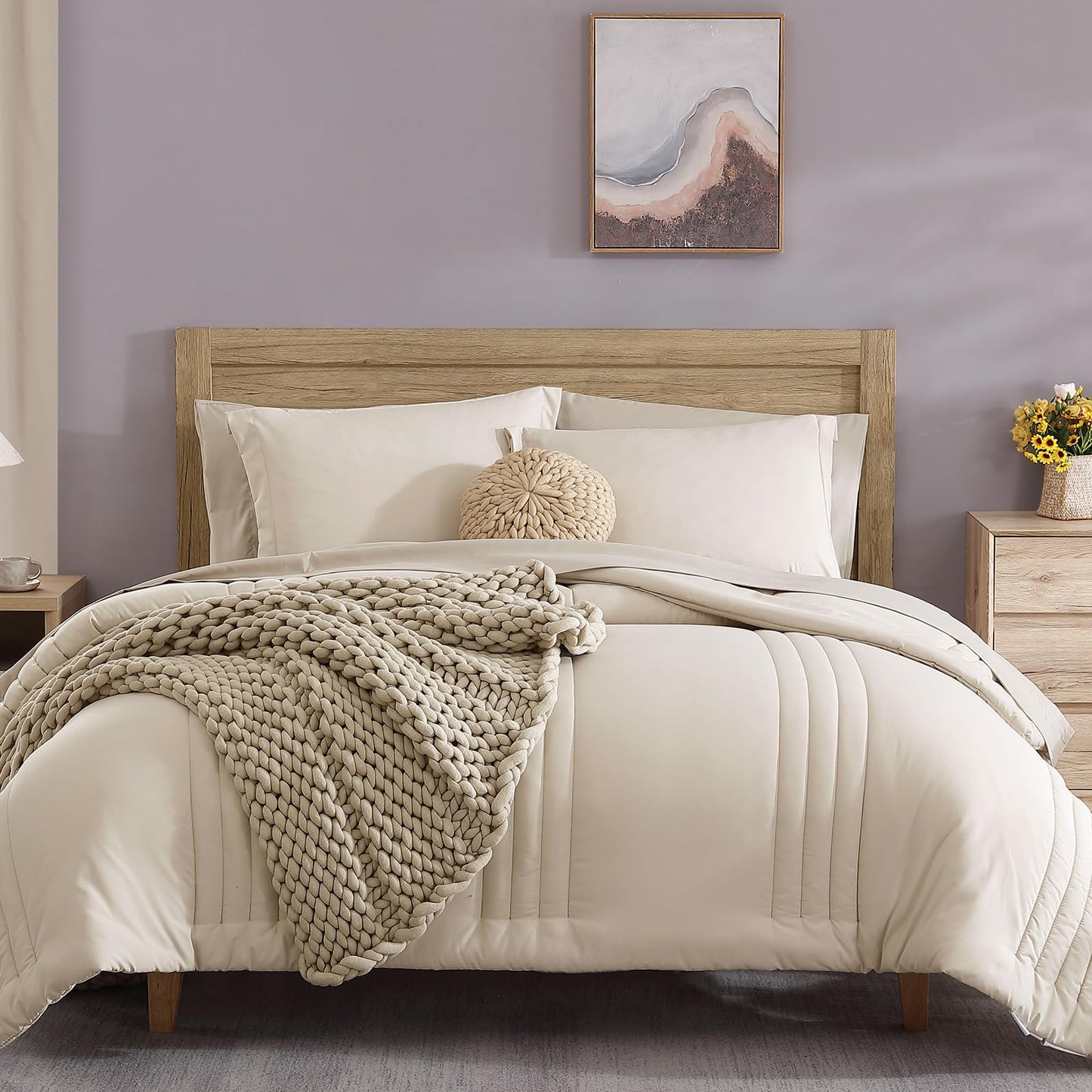 Monbix Queen Comforter Set - 7 Pieces Apricot Beige Bed in a Bag Queen Bedding Sets with Comforters, All Seasons Down Alternative Comforter Bed Set with Sheets,Pillowcases & Shams