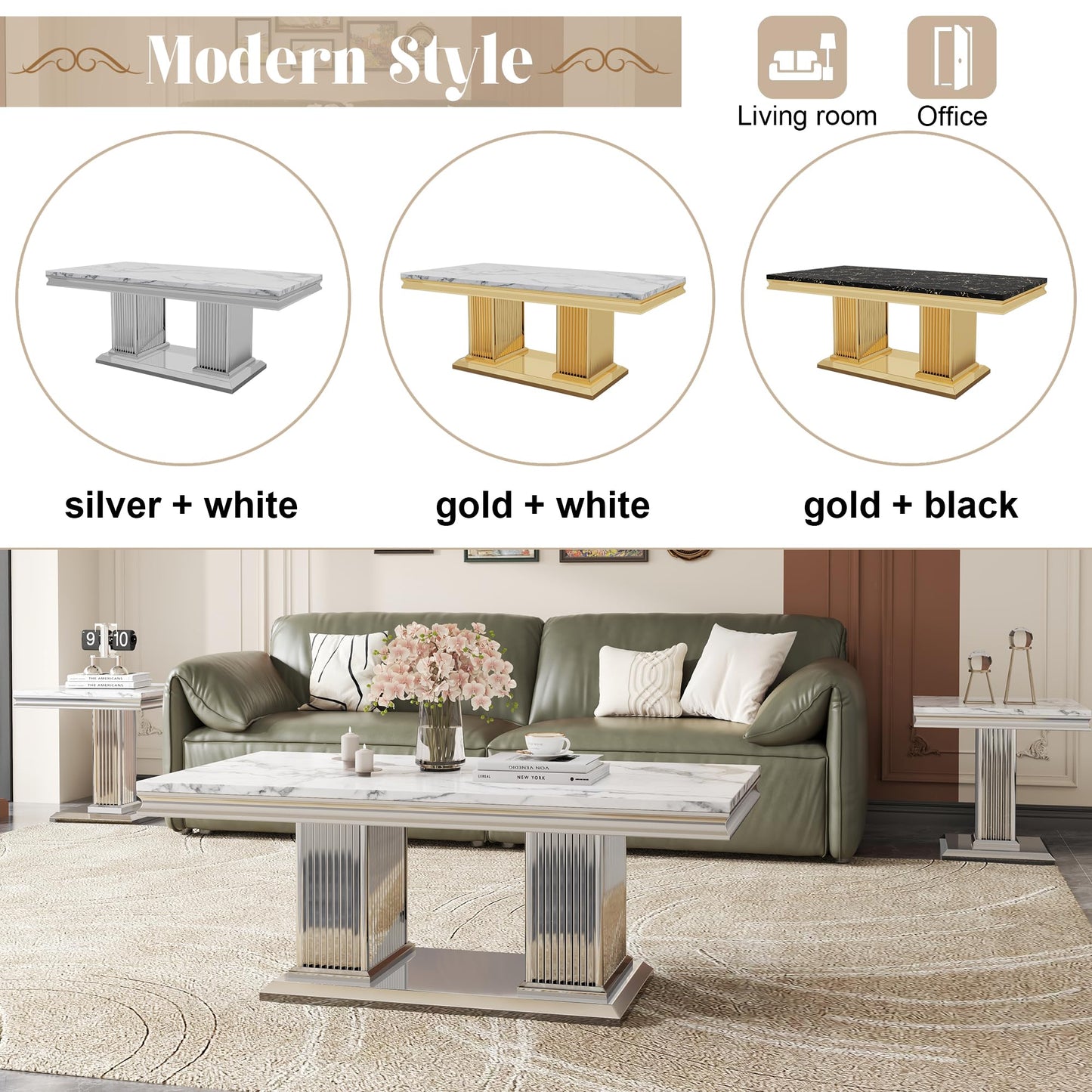ModaWhly Modern 47" Marble Coffee Table, Large Living Room Center Table with Faux Marble top & Columnar Stainless Steel Base, Elegant White & Silver Design for Bedroom, or Reception Area