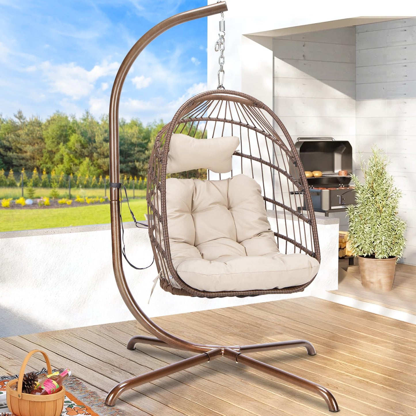RADIATA Wicker Egg Swing Chair with Stand for Outside, Outdoor Comfy Hanging Egg Patio Chairs with Thick Cushion, 350Lbs Durable Swinging Rattan Chair for Bedroom Porch Backyard Balcony, Brown, Tan