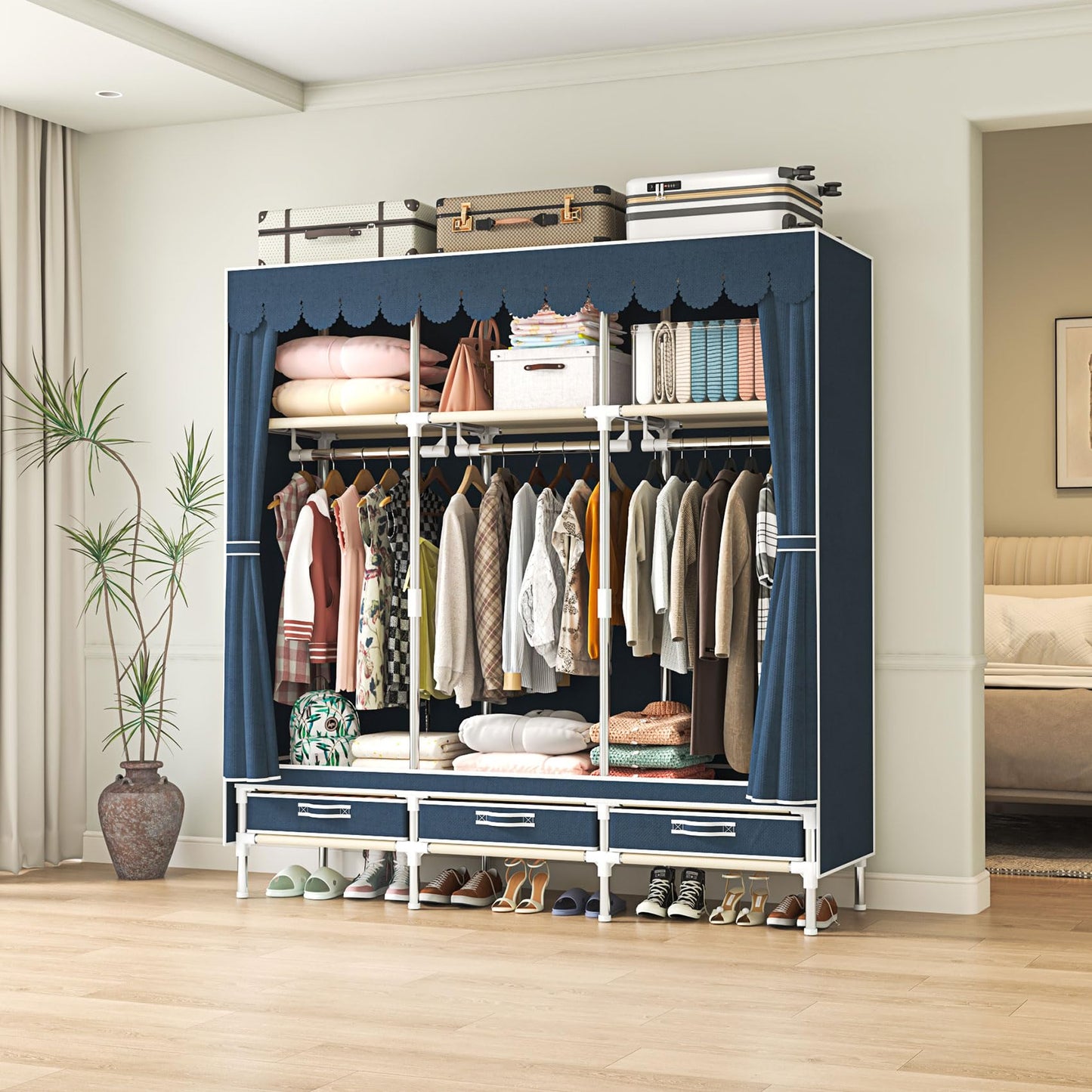 LEAlJlAFY Portable Blue Freestanding Armoire Wardrobe Closet with 3 Drawers,Modern Large Bedroom Metal Clothing Wardrobe Storage Racks for Hanging Clothes,Strong and Sturdy,for Home Small Room