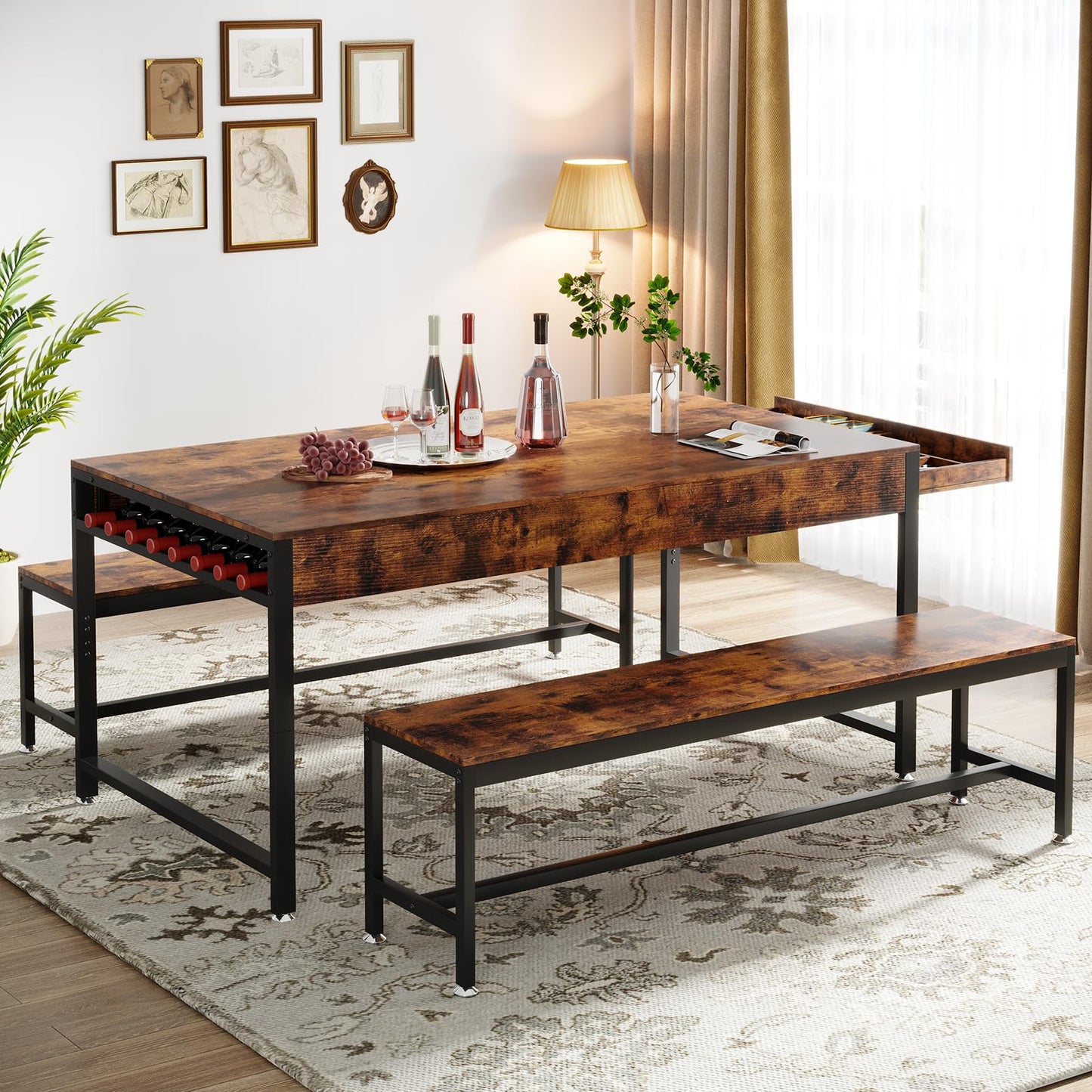 Loomie 63" Dining Table Set for 4-6, 3-Piece Kitchen Table with 2 Utensil Drawers, 2 Benches & Wine Rack, Modern Space Saving & Heavy Duty Dinner Table Set with Metal Frame & MDF Board,Rustic Brown