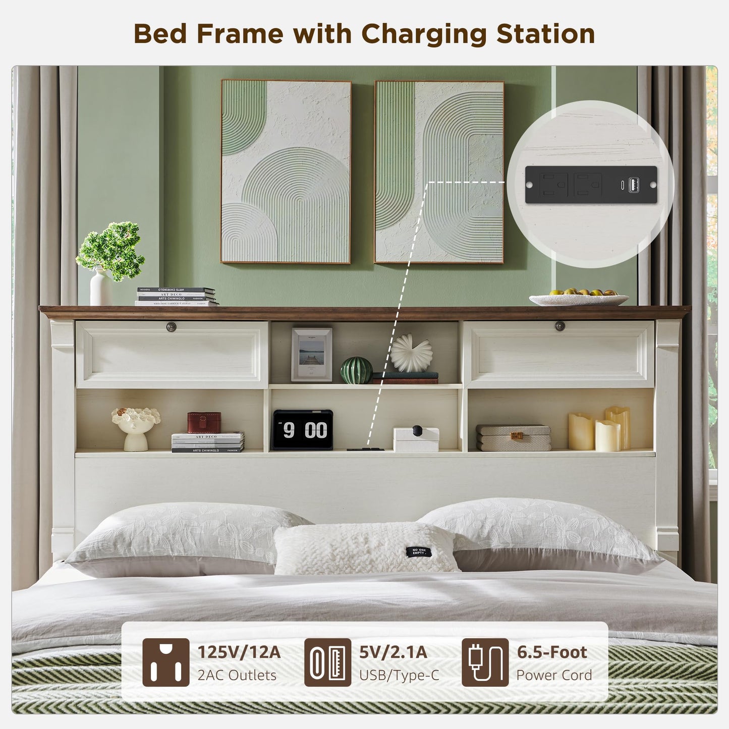 Farmhouse Queen Size Bed Frame with 54" Tall Storage Bookcase Headboard, Wood Platform Bed Frame with 2 Drawers & 18" Tall Roman Column Decoration Footboard, No Box Spring Needed(Antique White)