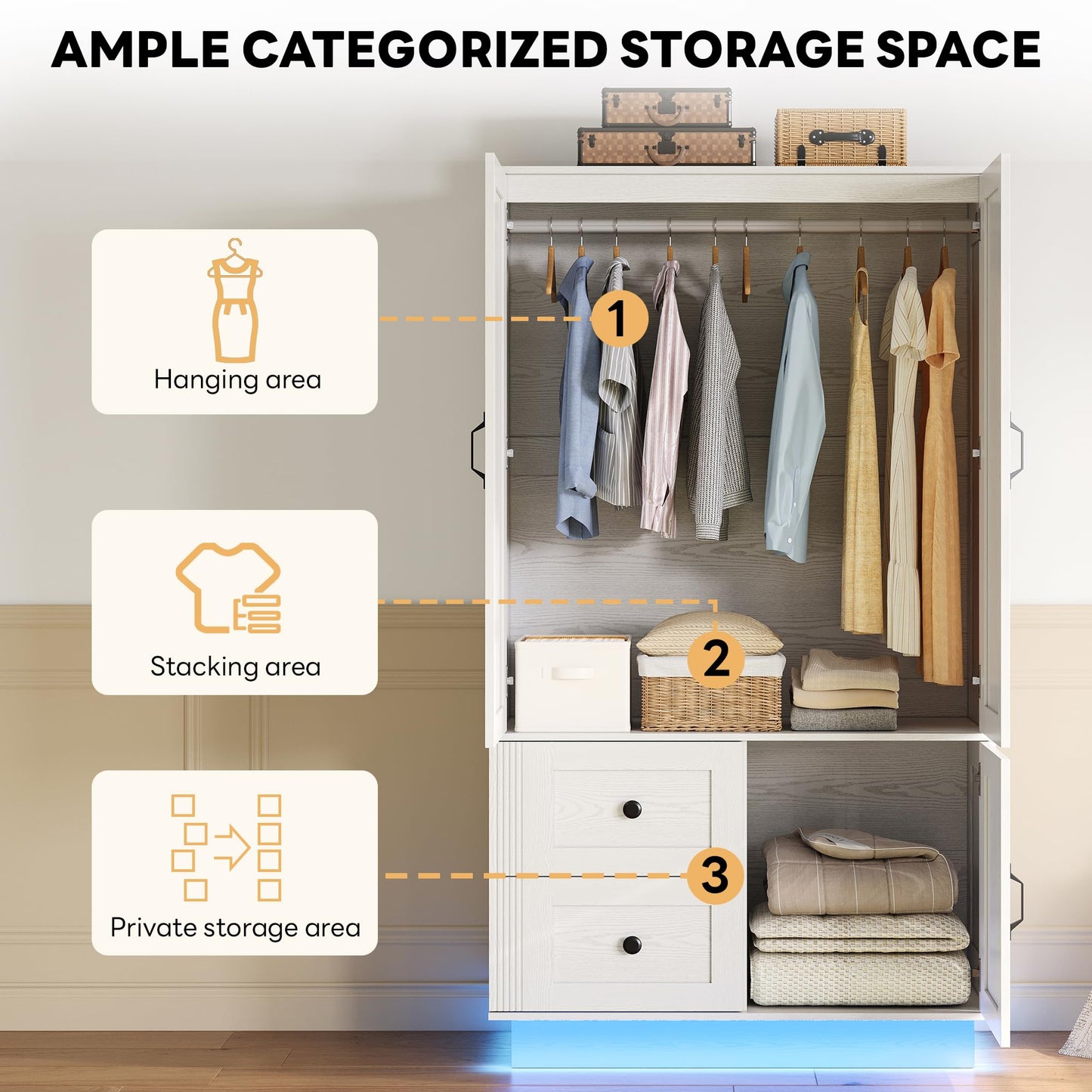 LIKIMIO Farmhouse Wardrobe Closet with Doors, 70" Bedroom Armoires with LED Lights and Hanging Rod, Wooden Large Wardrobe Cabinet with 2 Drawers and 1 Cabinet, Classic White