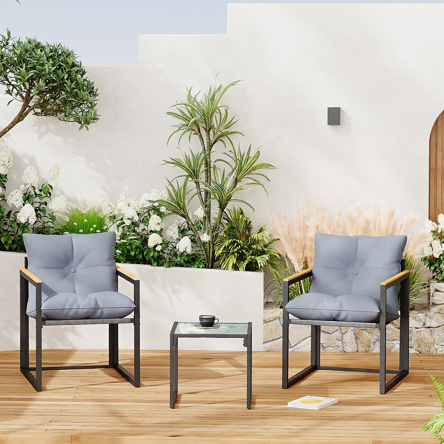 DIMOFAP 3 Piece Patio Furniture Set, Outdoor Porch Chairs Set of 2, Balcony Furniture for Apartment with Chairs & Table, Included Thick Comfy Cushions, Perfect for Porch, Balcony, Deck