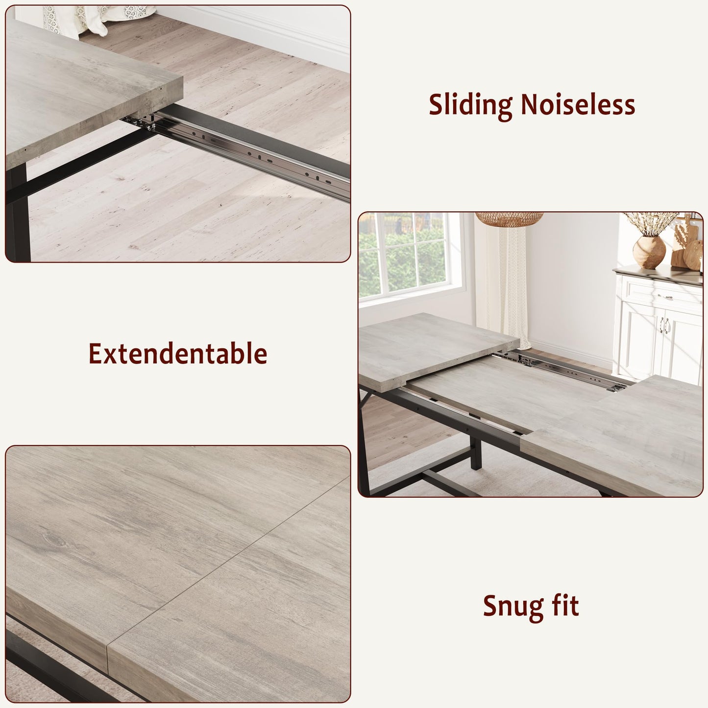GarveeHome Dining Table Set for 4-6, 63" Large Extendable Dining Room Table Set for 6, Wood Rectangle Kitchen Table with 2 Soft Benches for Apartment, Small Space, Easy Assembly, Rustic Gray