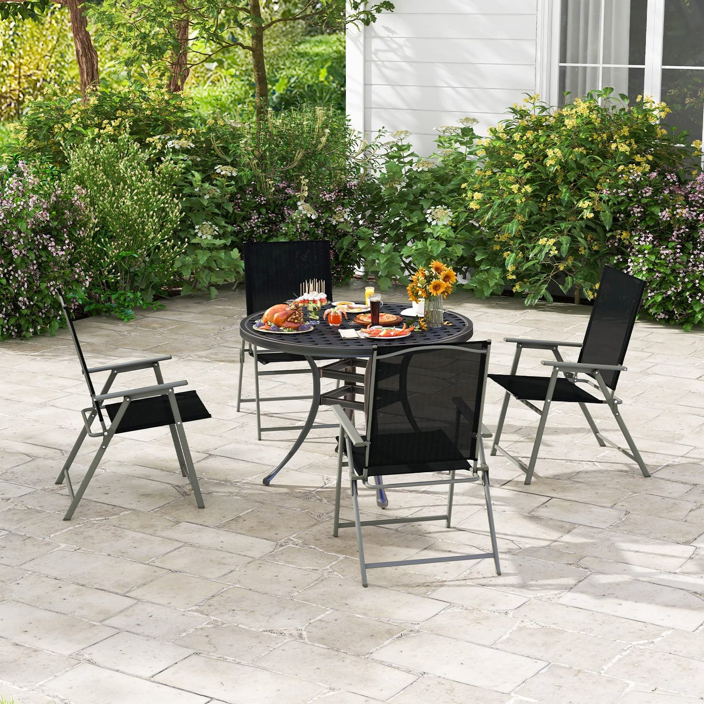 Giantex Patio Folding Chairs Set of 4, Outdoor Lawn Chairs with Rustproof Metal Frame, Portable Dining Chairs for Porch, Deck, Garden, Backyard, Camping