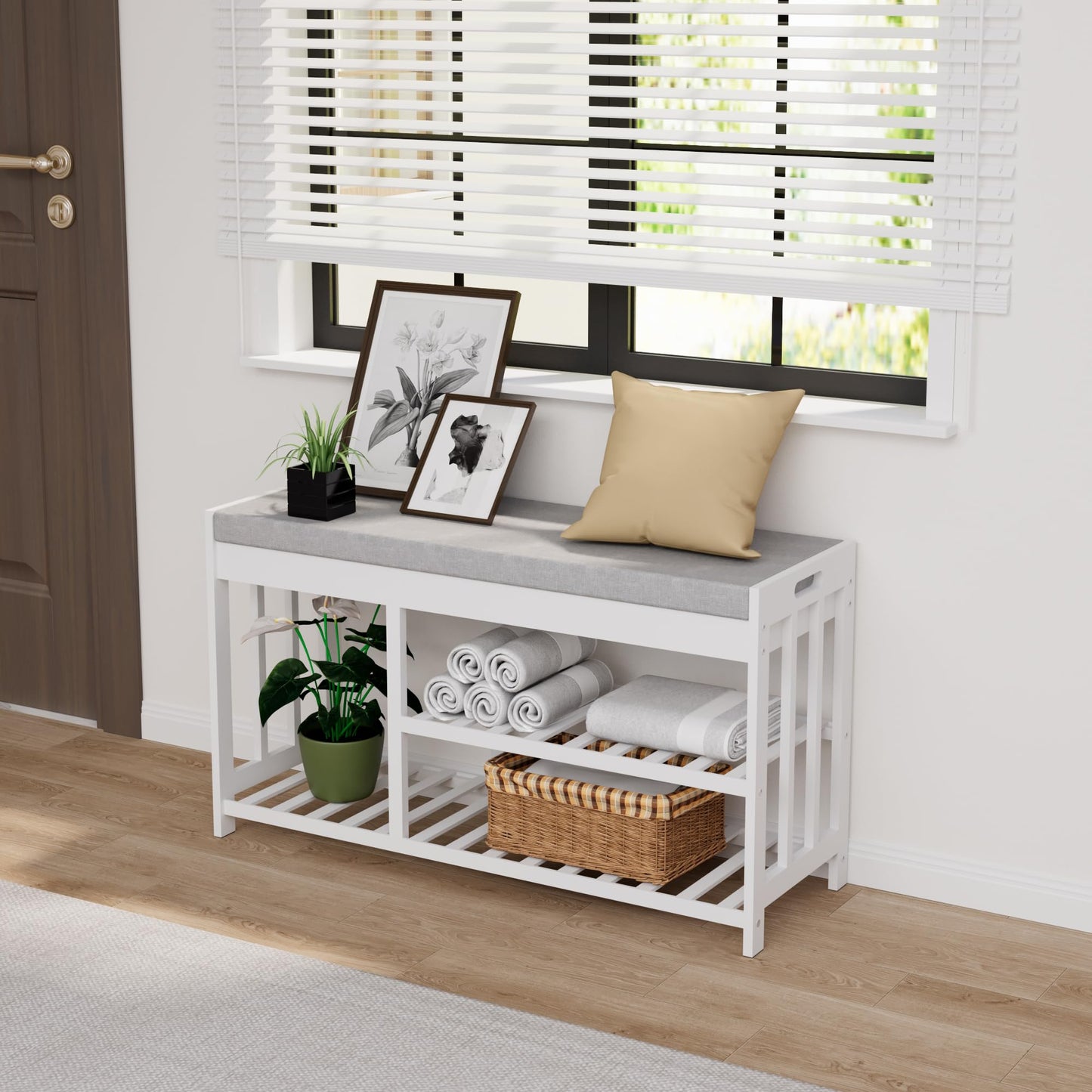 APRTAT 3-Tier Bamboo Shoe Rack Bench, Shoe Storage Organizer Bench, Entryway Benchs, Shoes Rack for Front Door Entrance, Entryway Bathroom Bedroom