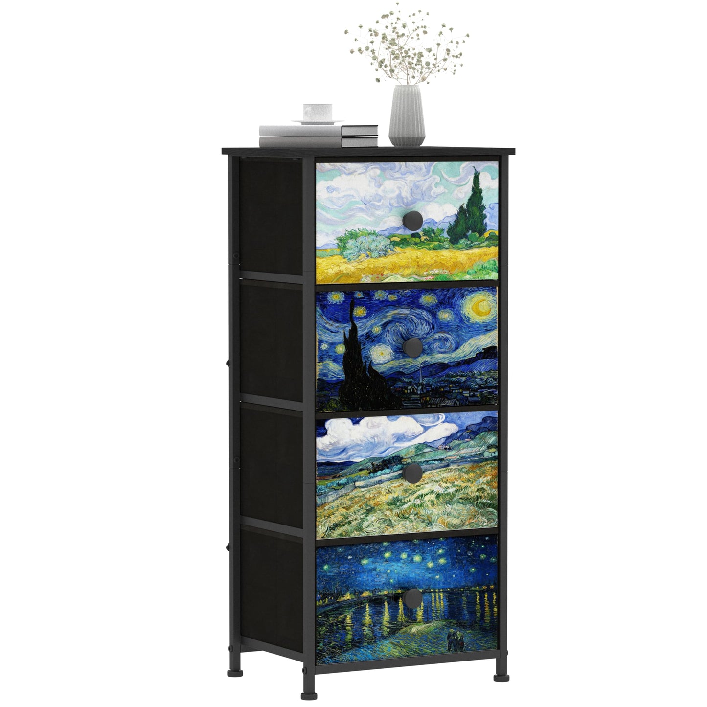 Welfuturer Narrow Dresser for Bedroom Slim 4 Drawer Dresser Vertical Storage Tower Unit for Living Room Hallway Kids Room Nursery Closet Sturdy Steel Frame Wooden Top Easy Pull Handle