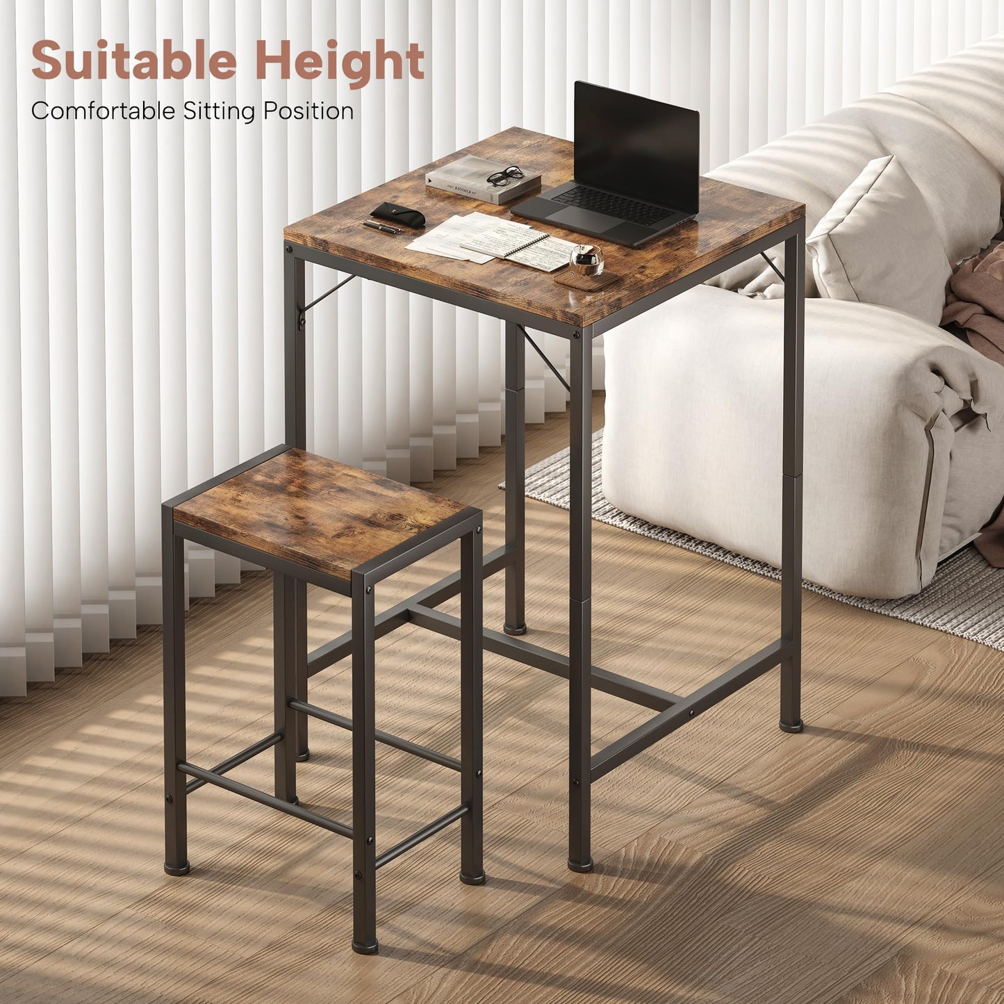 Homeiju Bar Table and Chairs Set, Square Bar Table with 2 Stools, Space-Saving Dining Pub Set for 2, Perfect for Kitchen, Breakfast Nook, Living Room & Small Spaces, Rustic Brown