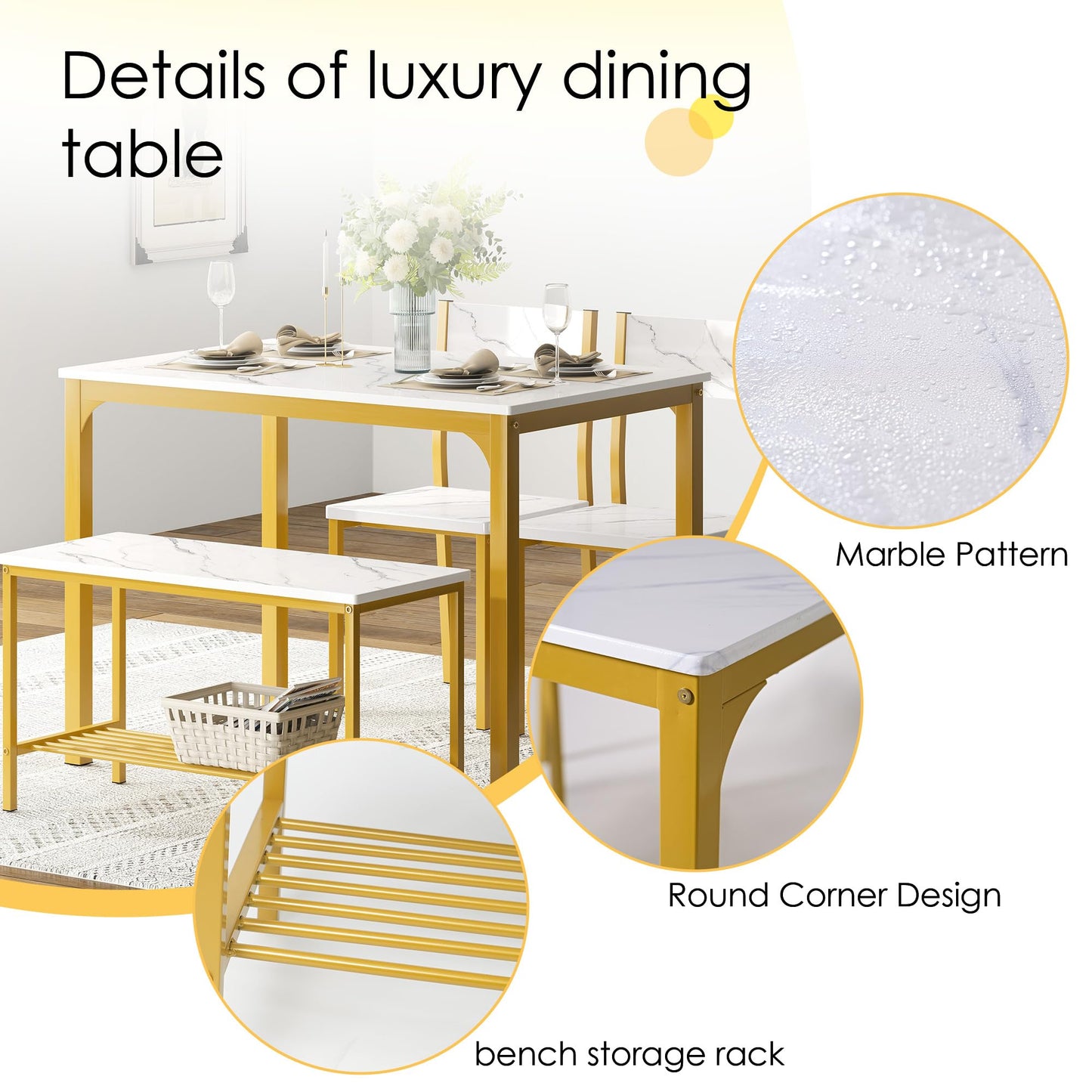 soges 4-Piece Dining Table Set with Bench - 4 Person Kitchen Table and 2 Chairs for Small Spaces, Apartment - Metal Frame & Woodgrain Tabletop, Space-Saving Design, Durable & Easy to Clean, Gold