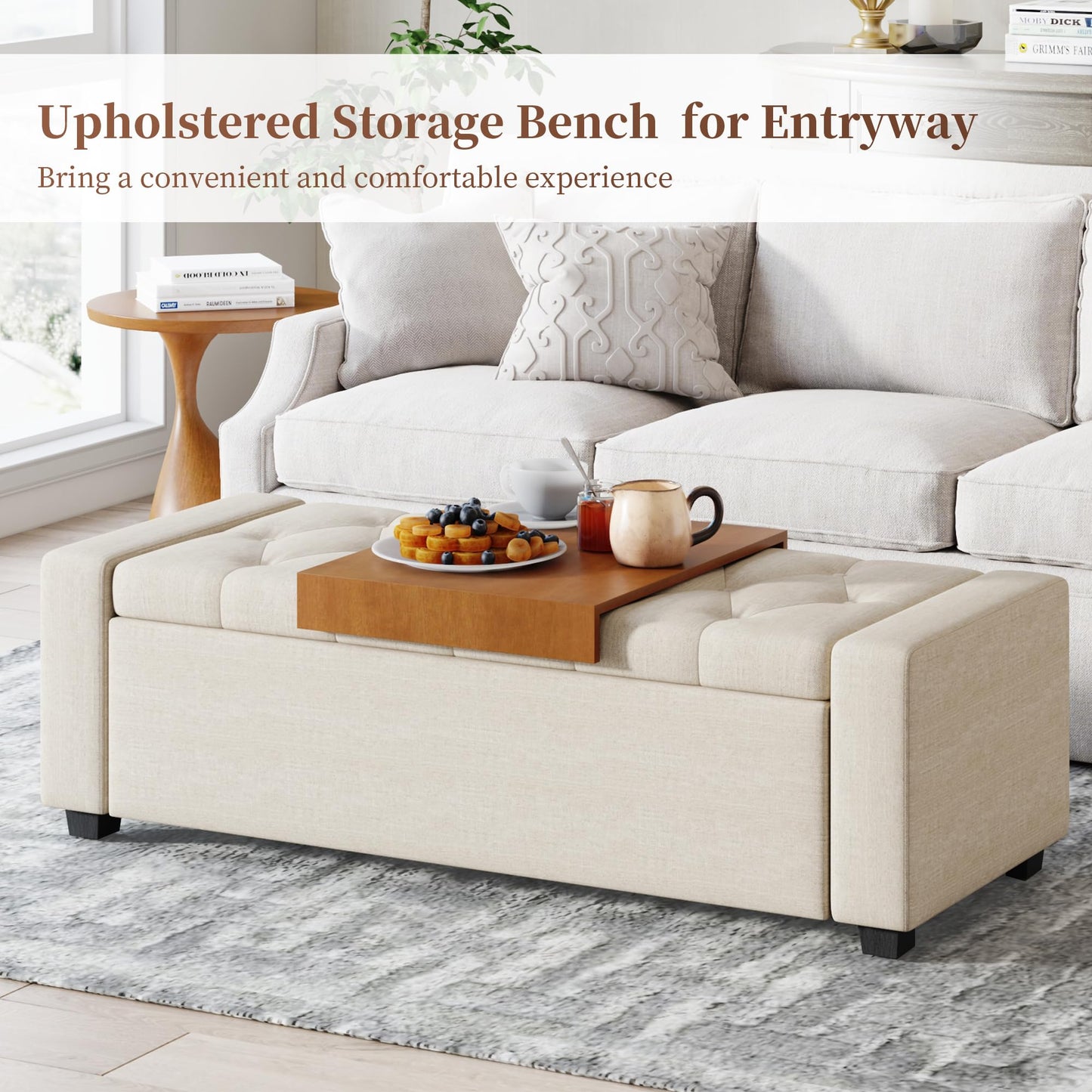 Atrtivoent 47" Ottoman Bench, Living Room Storage Bench with Removable Tray, Upholstered Entryway Bench, Ottoman Bench Seat with Storage for Living Room Bedroom (Beige1, with Tray)