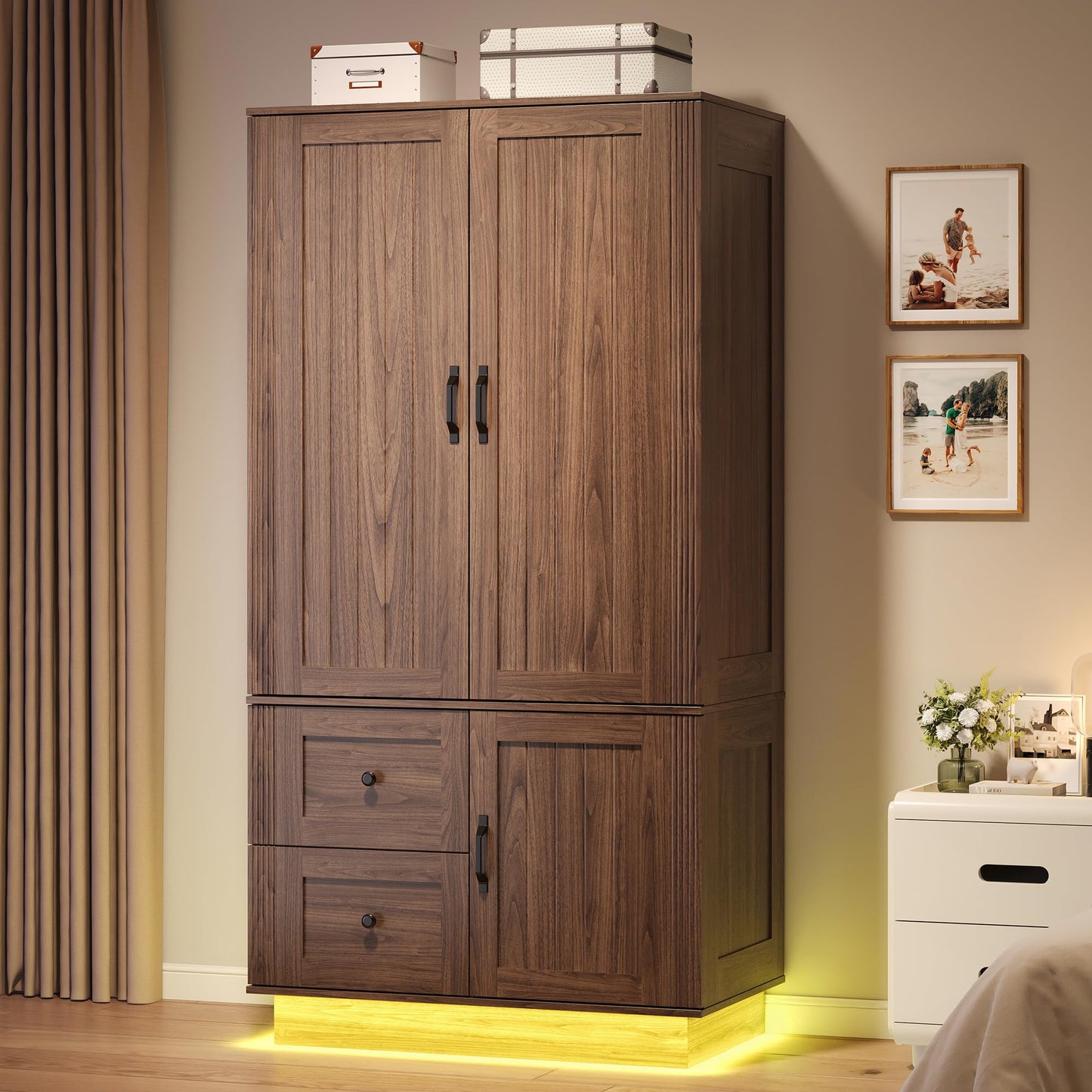 LIKIMIO Farmhouse Wardrobe Closet with Doors, 70" Bedroom Armoires with LED Lights and Hanging Rod, Wooden Large Wardrobe Cabinet with 2 Drawers and 1 Cabinet, Walnut