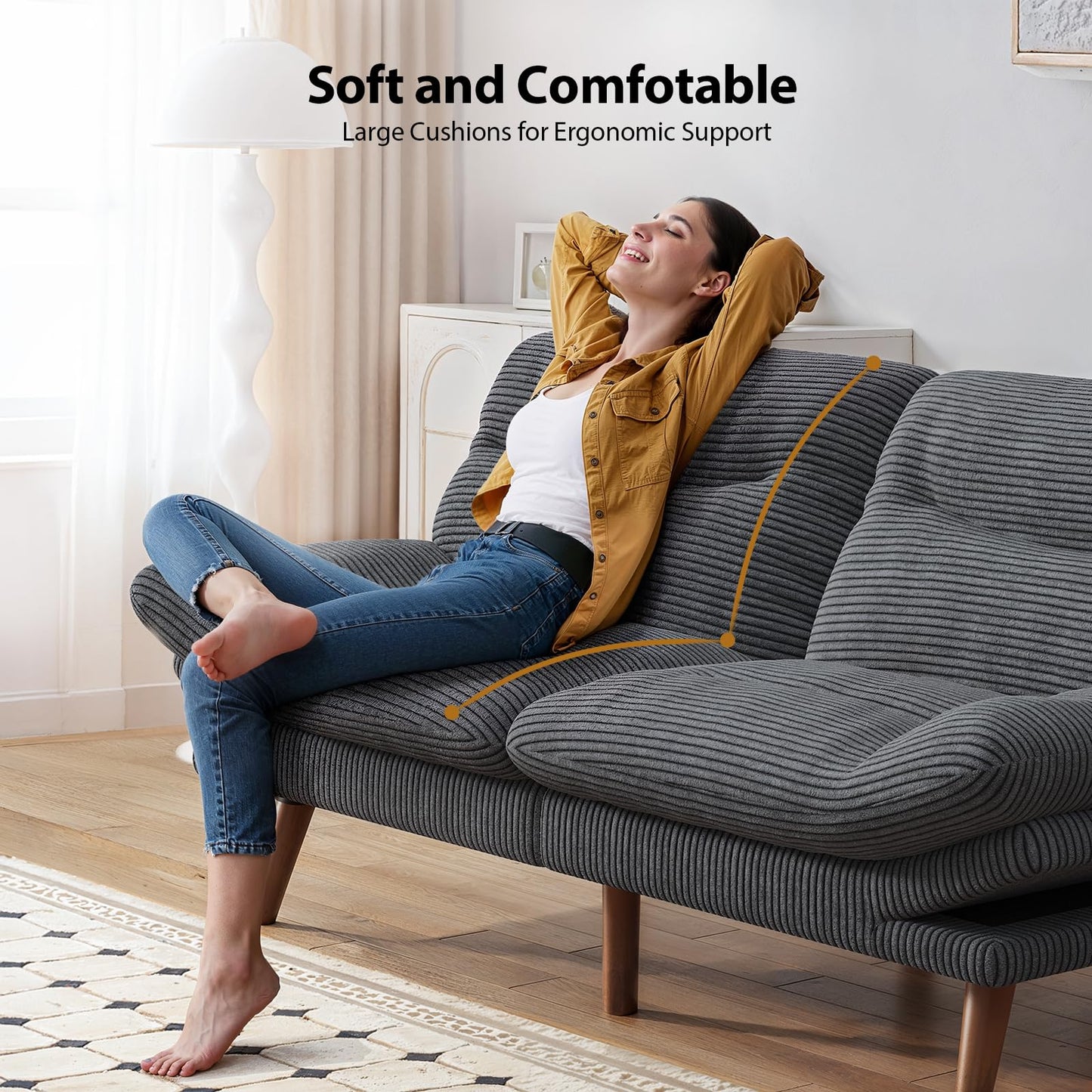 Pipishell Convertible Futon Sofa Bed,66" Corduroy Futon Couch with Adjustable Backrest and Armrests, Recliner Sleeper Sofa for Small Spaces, Play Room or Office, Grey