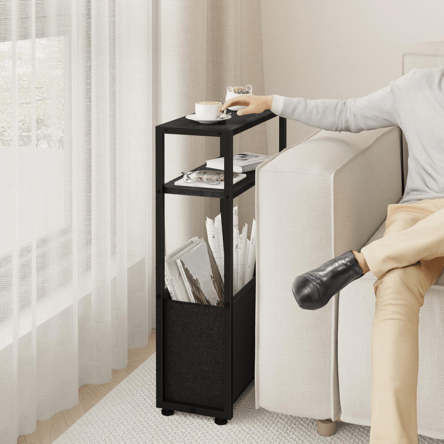 Leomonio Black Side Table, Slim Side Table with Magazine Rack, Bathroom Table for Small Spaces, Narrow Bedside Table for Living Room, Bedroom