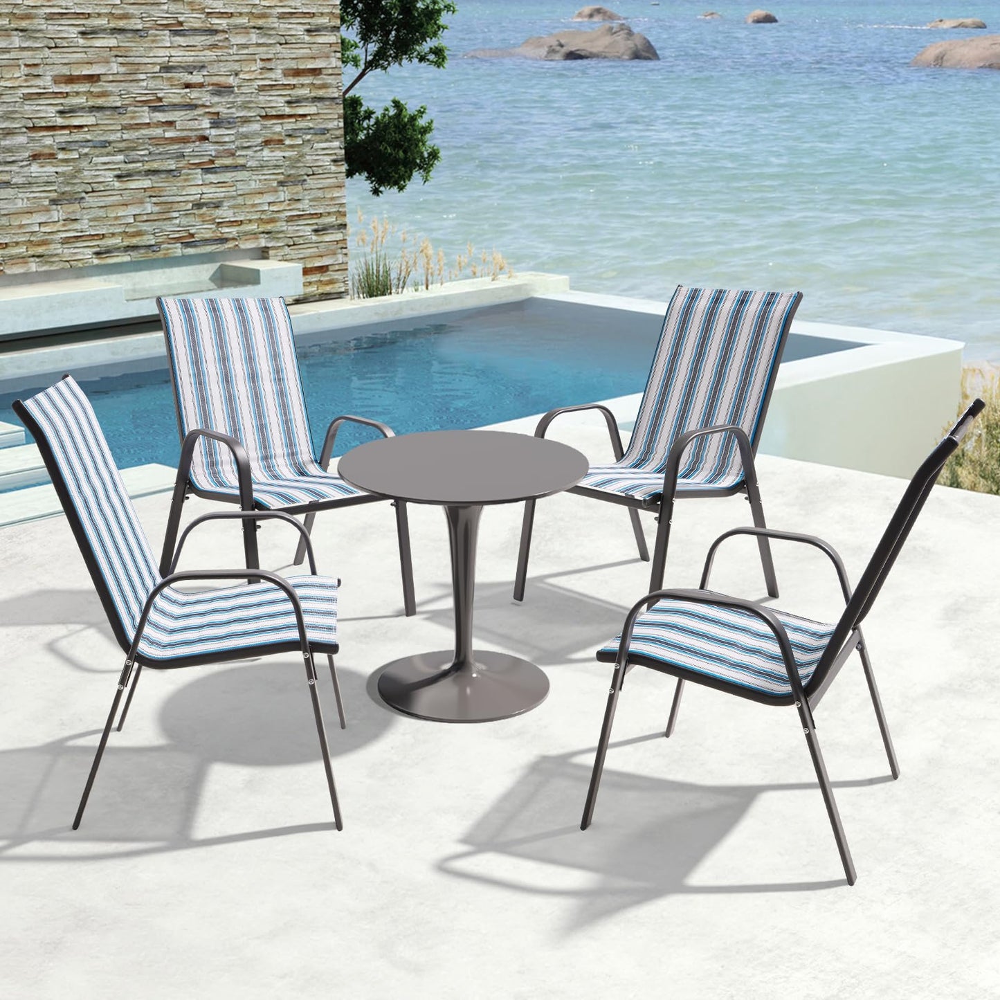 JEAREY Patio Dining Chairs Set of 4, Outdoor Stackable Dining Furniture Set, All Weather Dining Set for Lawn, Garden, Backyard, Poolside, Blue Striped