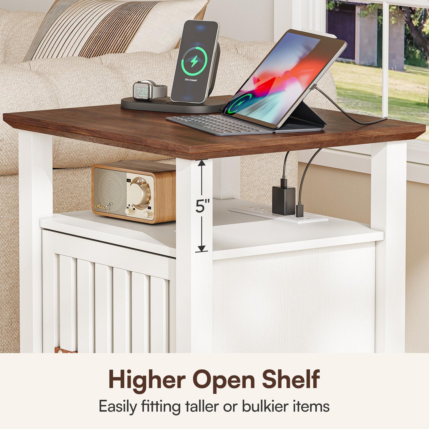 Farmhouse End Table with Charging Station, 18'' Wide Rustic Nightstand w/Rivet Barn Door & Adjustable Storage Shelf, Wood Sofa Side Tables w/Open Shelf & Storage Cabinet for Living Room, Bedroom
