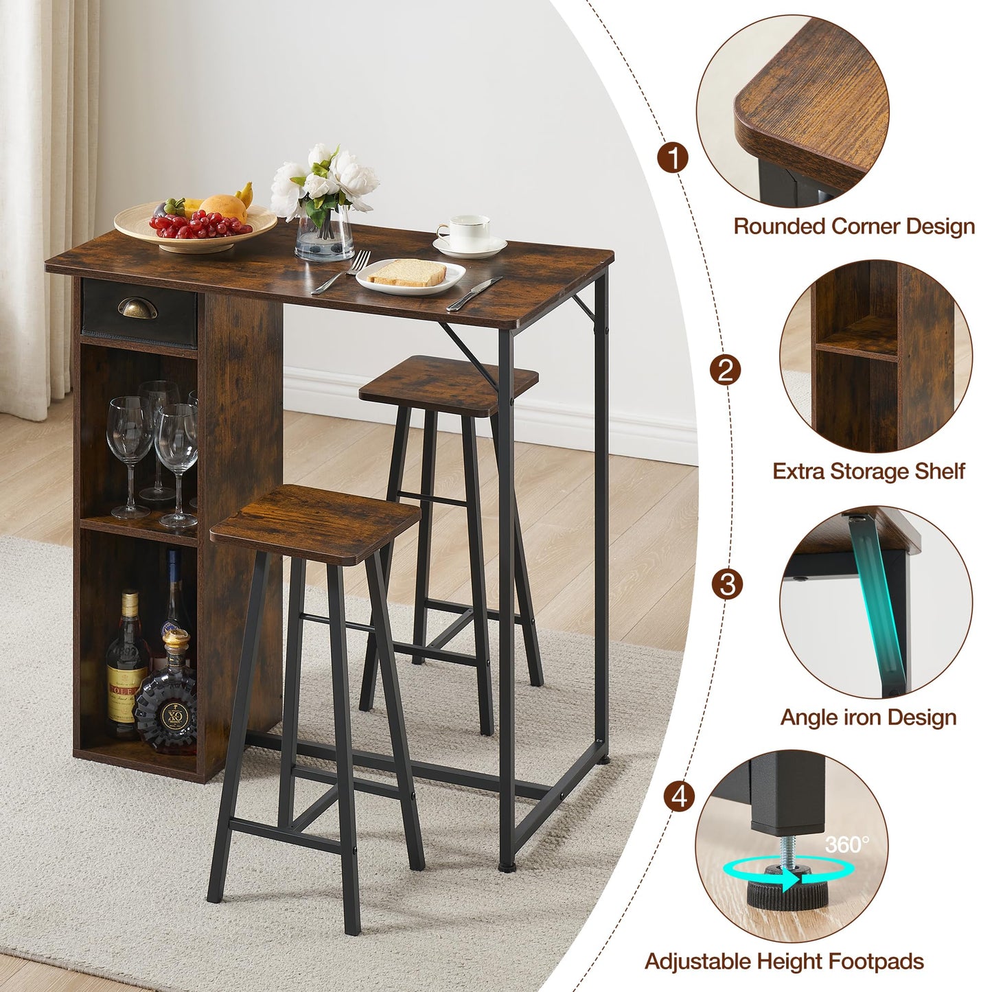 IDEALHOUSE 3-Piece Dining Table Set for 2， Kitchen Table and Chairs with Storage Drawer & Shelf – Compact Kitchen Table and 2 Bar Stools, Perfect for Small Kitchens, Apartments, Brown