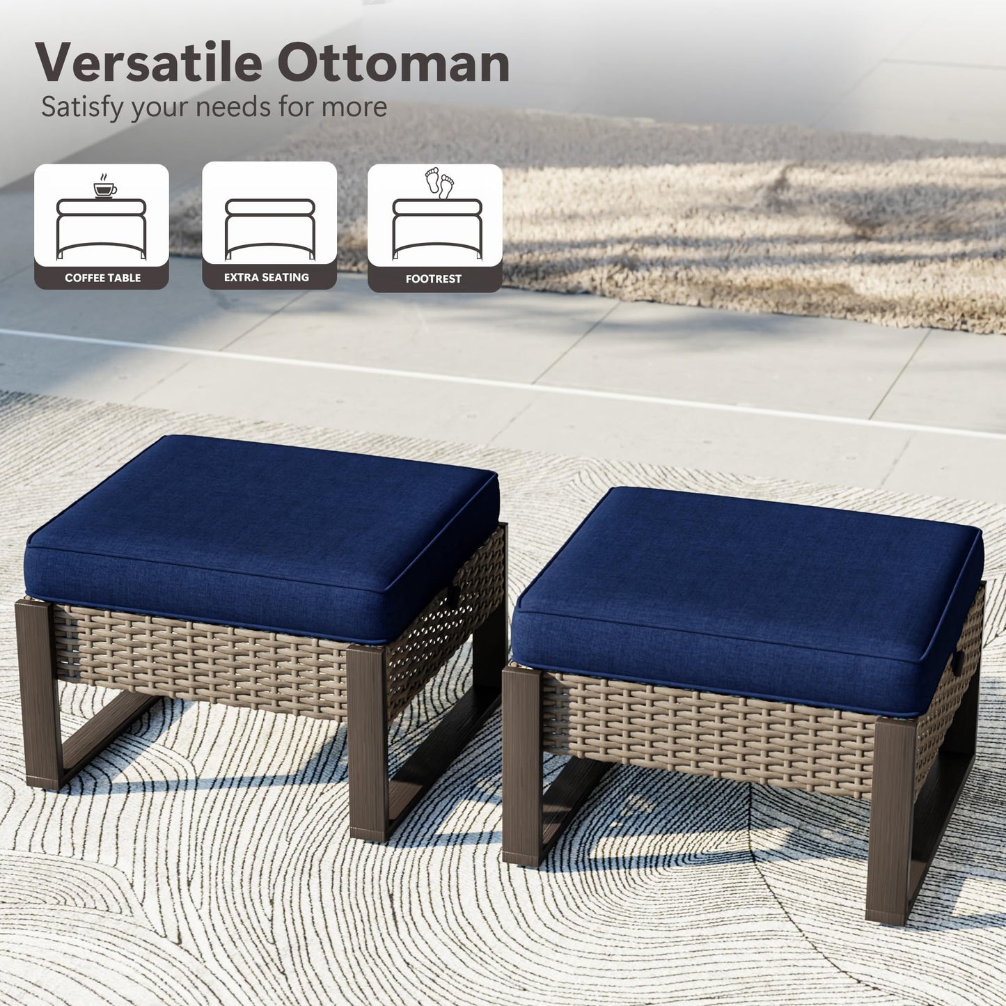 MaxMulti Patio Ottomans Set of 2, Outdoor Wicker Footrest with Thickened Cushions, Multipurpose Metal Patio Furniture for Outdoor, Backyard and Deck Use (Blue)