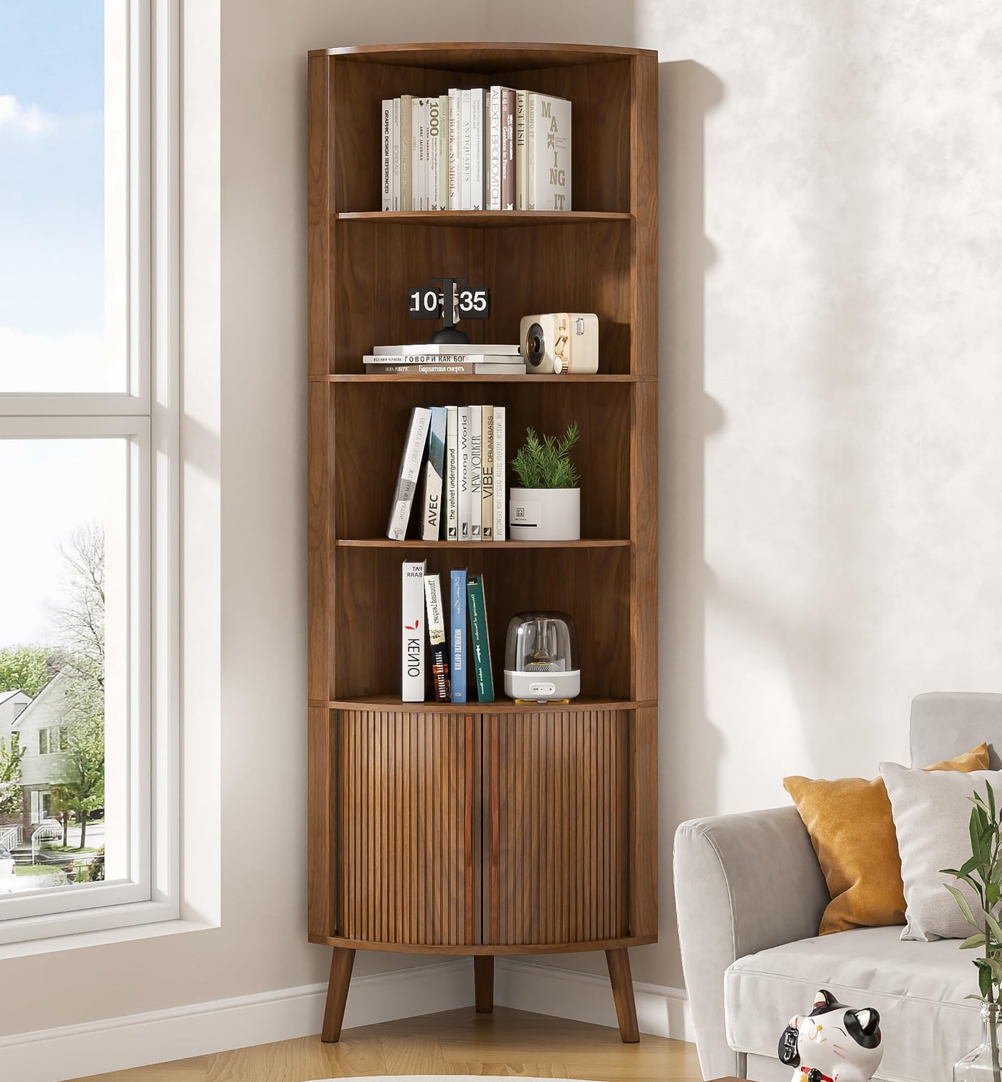 Limaoaio Corner Cabinet, 66.73'' Tall Modern Corner Bathroom Storage Cabinet with 2 Fluted Doors and Shelves, Home Space Saver for Kitchen, Living Room, Study Room(Walnut, 66.73''H)