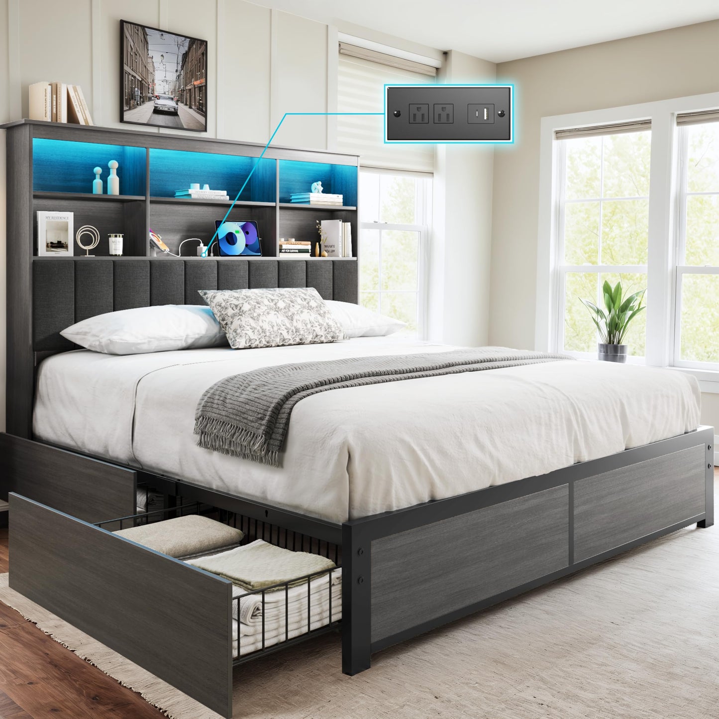 HISOFT Queen Bed Frame with Storage Headboard, Wood Bed with High Storage Bookcase, 4 Drawers & LED & Charging Station,No Box Spring Needed/Noise Free/All-Metal Support, Rustic Grey