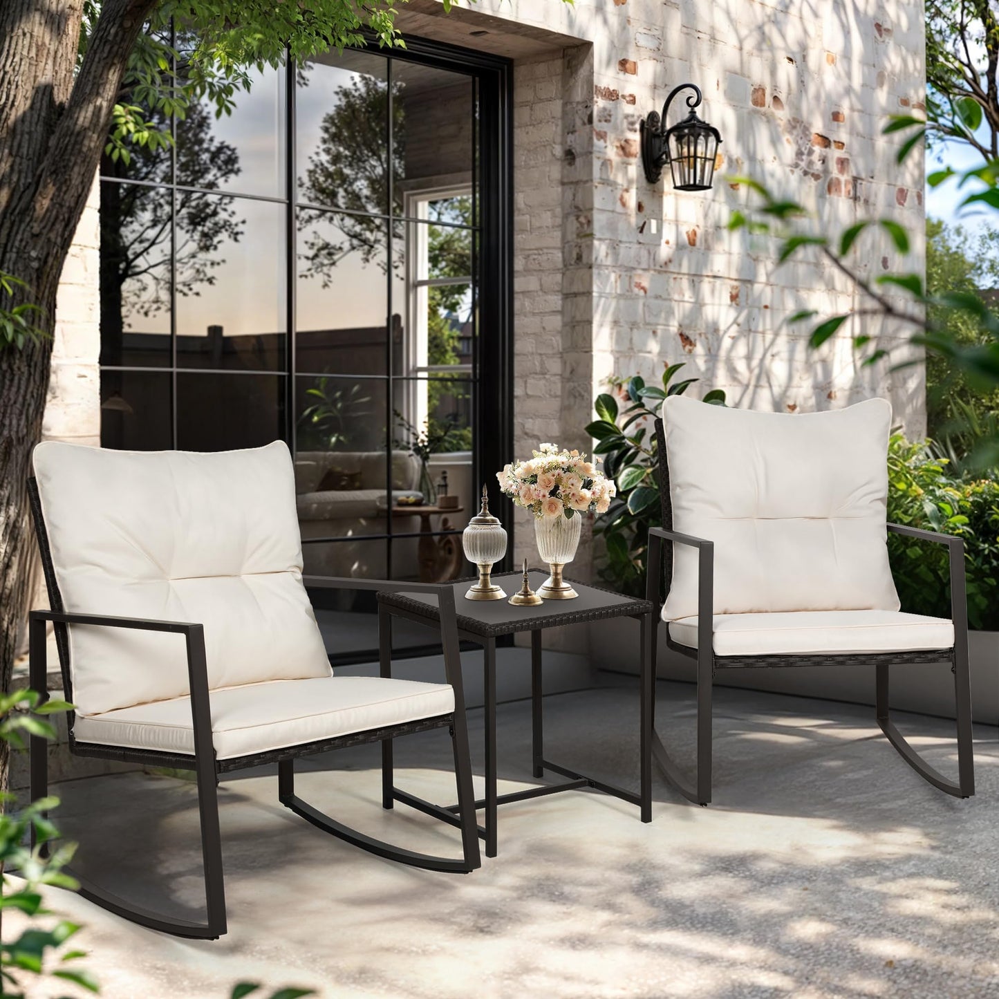 SUNCROWN 3 Piece Outdoor Rocking Bistro Set Black Wicker Furniture Porch Chairs Conversation Sets with Glass Coffee Table, Beige