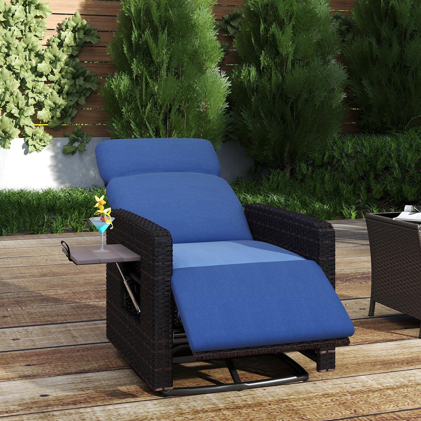 Kinfant Outdoor Recliner Chair with Adjustable Backrest, Flip Table, Thickened Cushion- for Patio, Poolside, Lawn, Backyard (Blue)