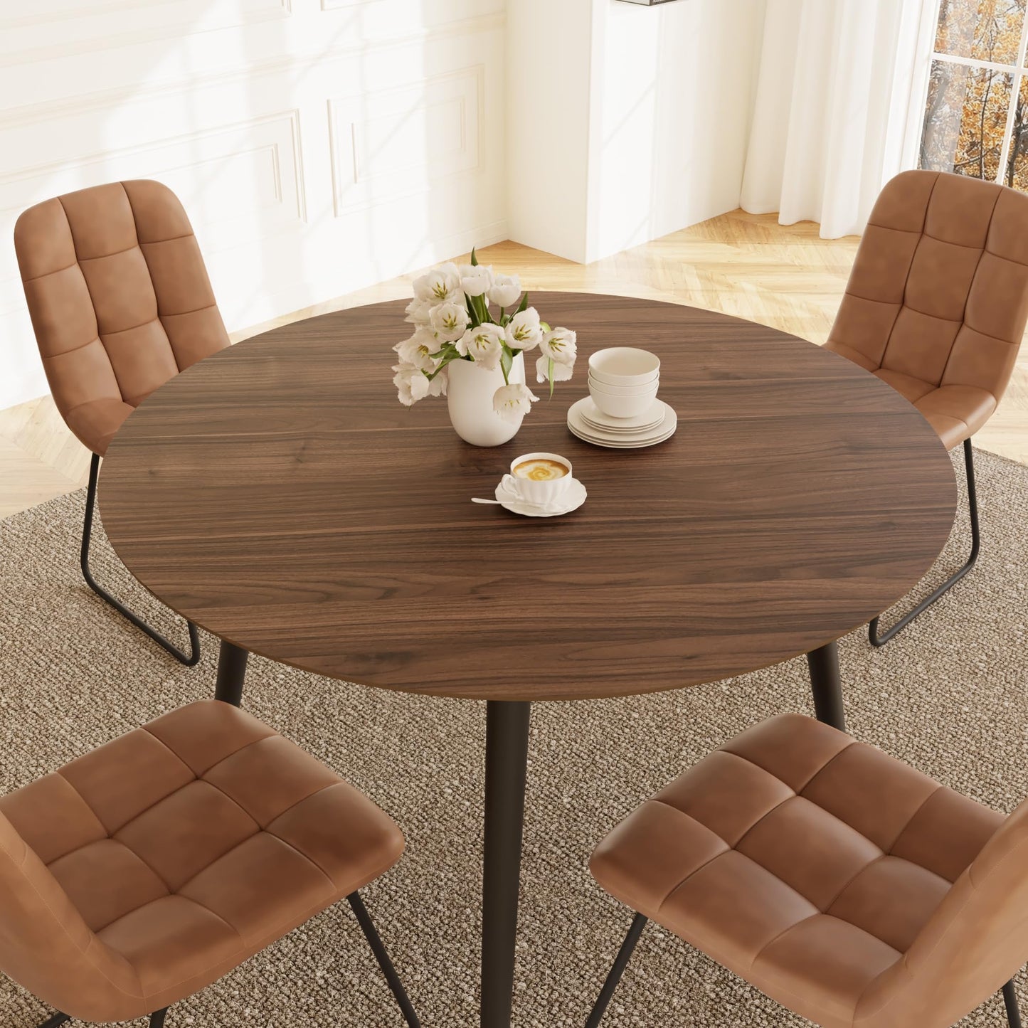 HIPIHOM 43.3 Inch Round Dining Table Set for 4, Modern Small Kitchen Coffee Set for Dining Room Kitchen Apartment (Walnut Table+4 U-Shaped Brown Chairs)