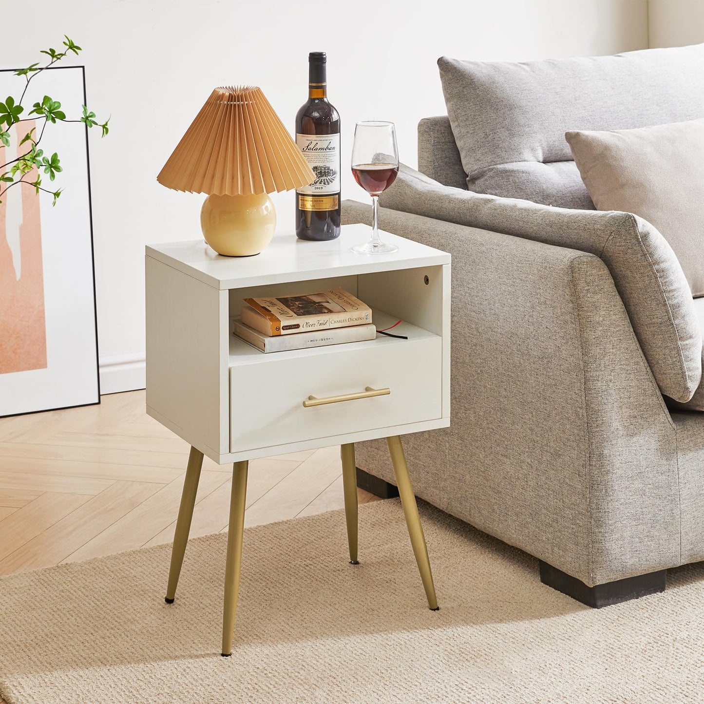 IBUYKE Nightstand, Mid Century Modern Night Stand, Bedside Table with Drawers and Open Storage Shelf, End Side Table with Metal Legs, for Bedroom, Small Spaces, White UWNS004W