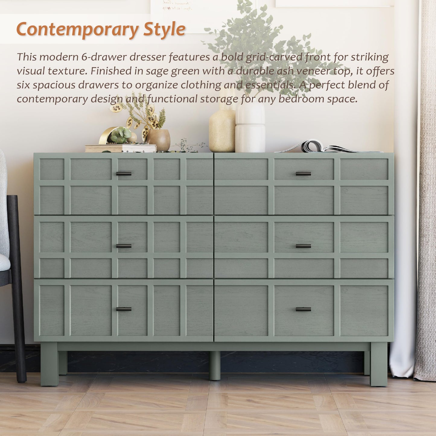 Aoikax Modern 6 Drawer Double Dresser with Grid Carved Pine Front, Minimalist Chest of Drawers with Large Storage Space Metal Base for Bedroom, Ash Veneered Top, Metal Legs, Light Green
